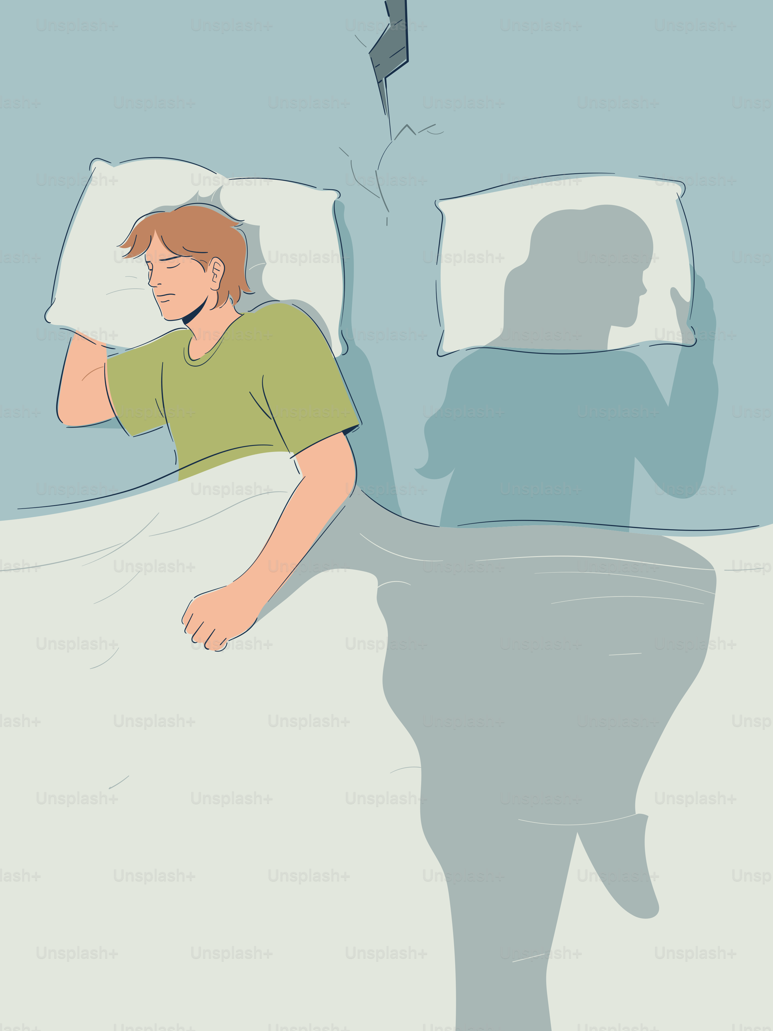 Man sleeping alone in bed with shadow of a person