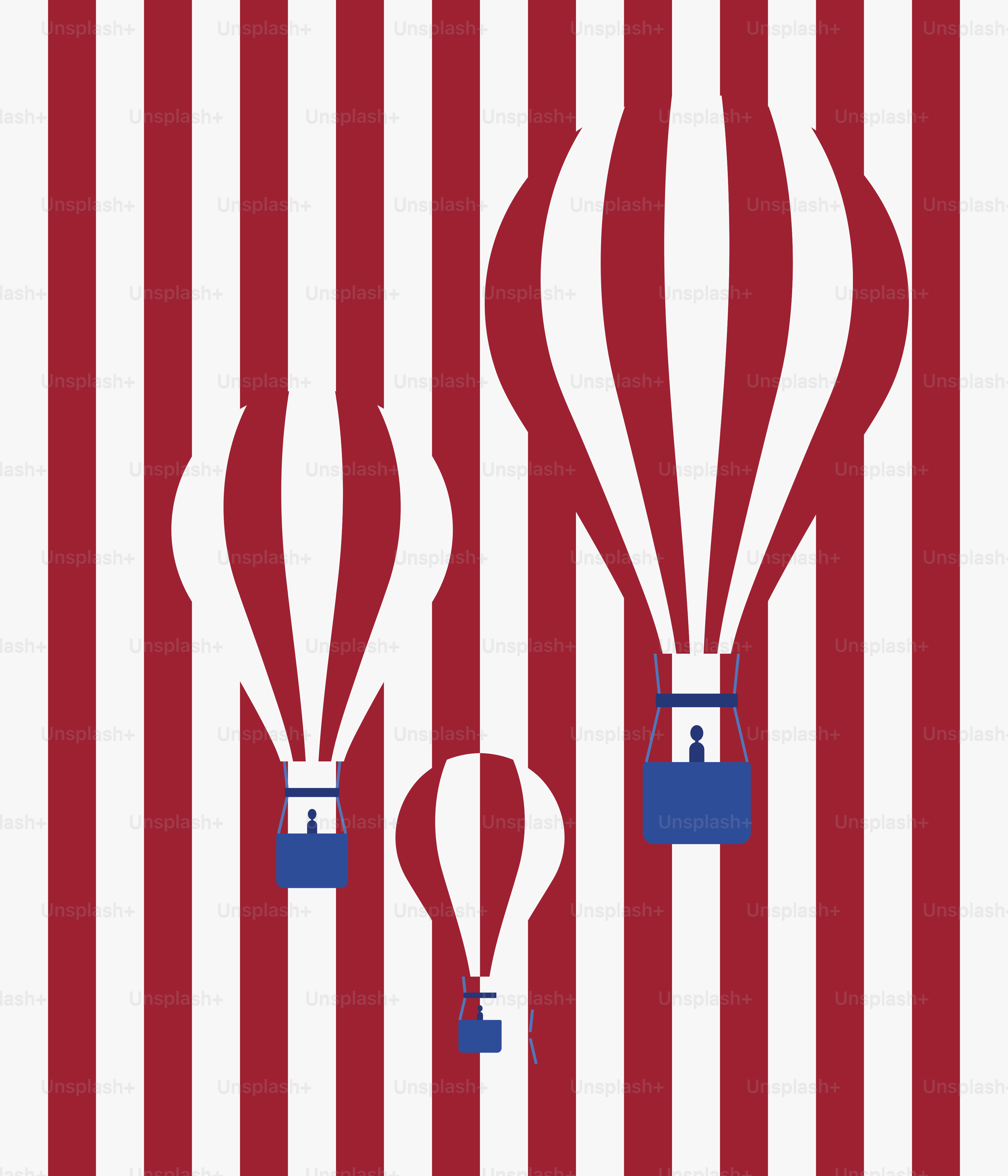 Three hot air balloons against striped background