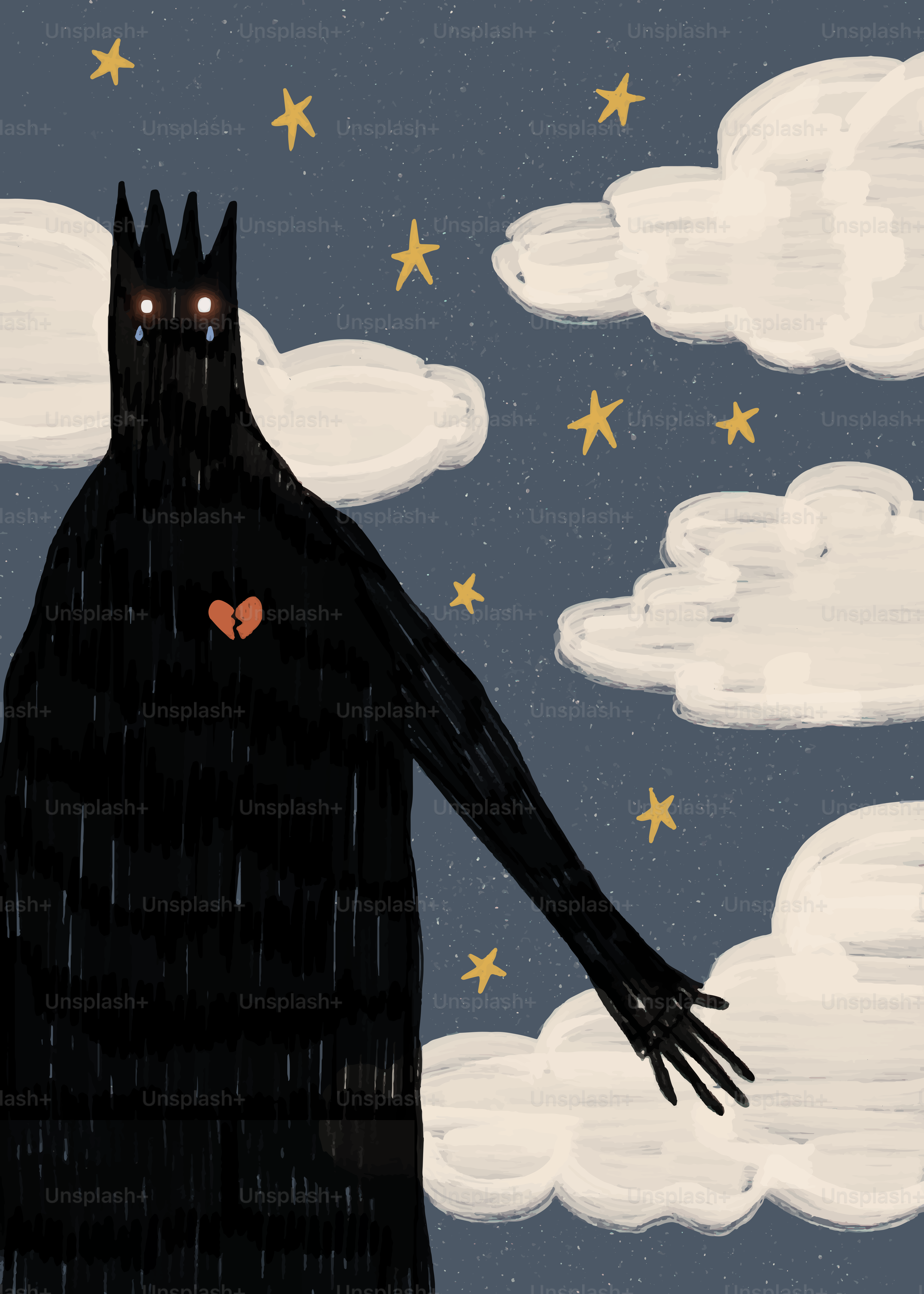 Sad monster with broken heart under starry sky