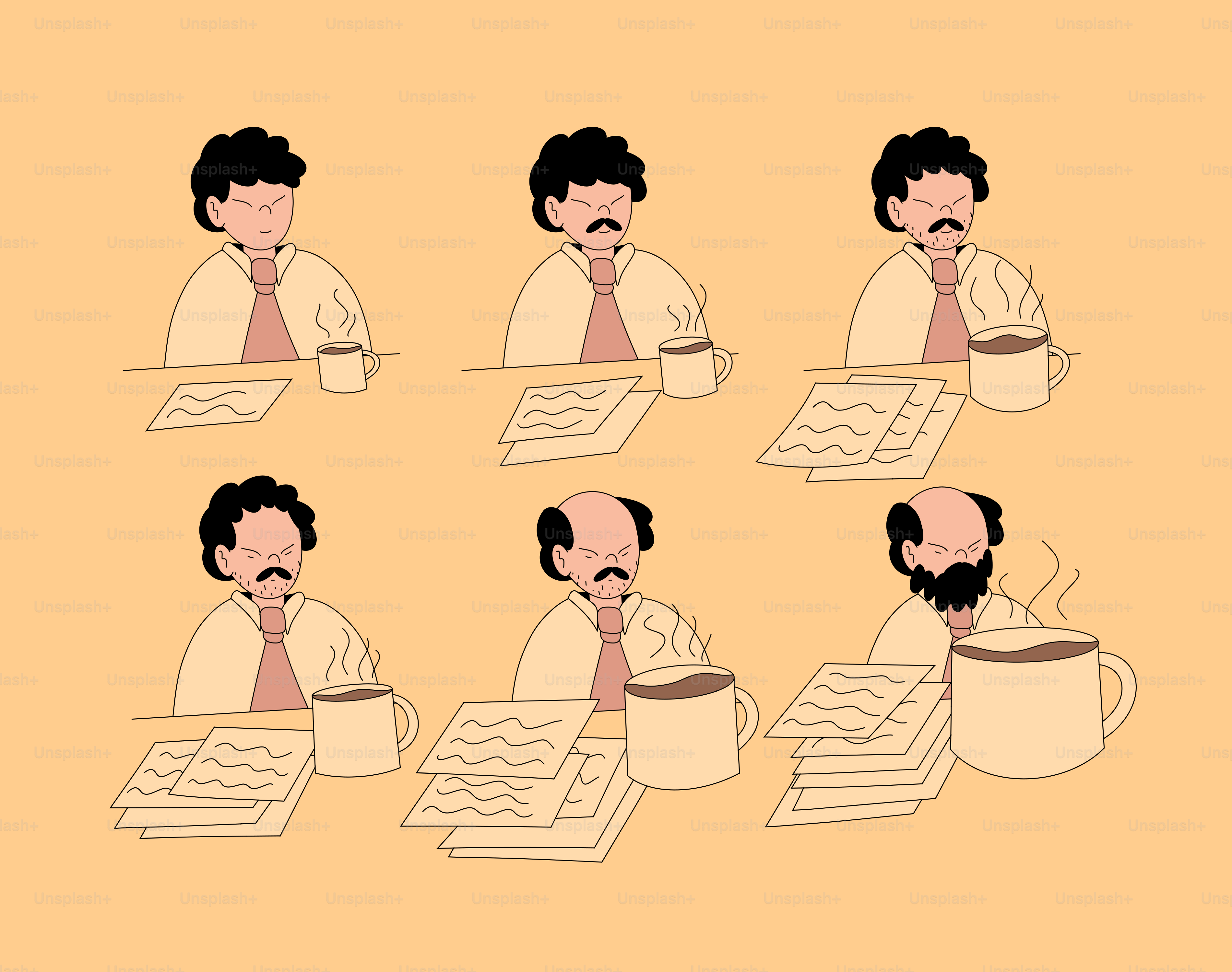 Mann, der am Schreibtisch arbeitet mit wachsenden Papieren und Kaffee.