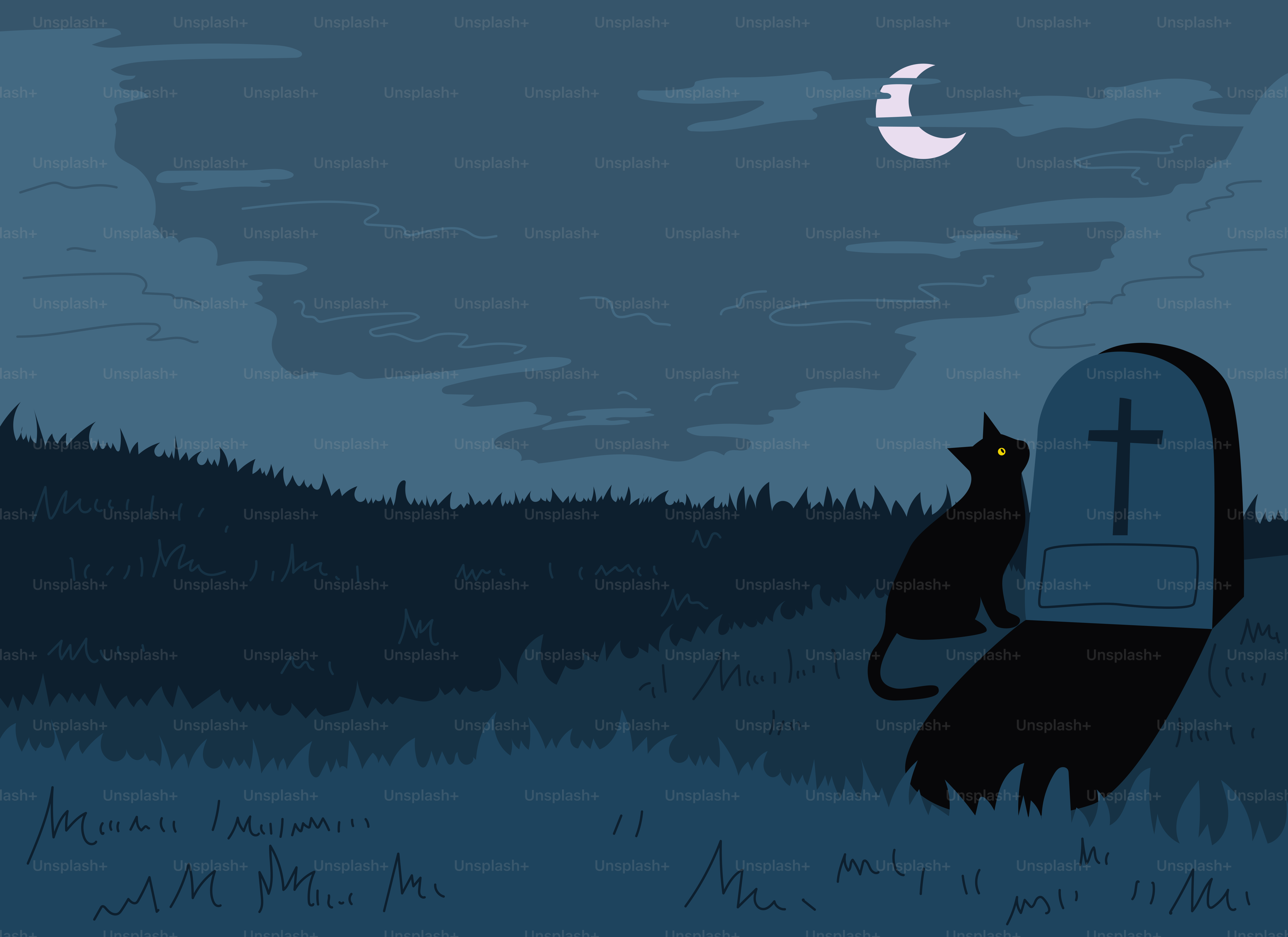 O gato preto está sentado ao lado de uma lápide sob uma lua crescente.