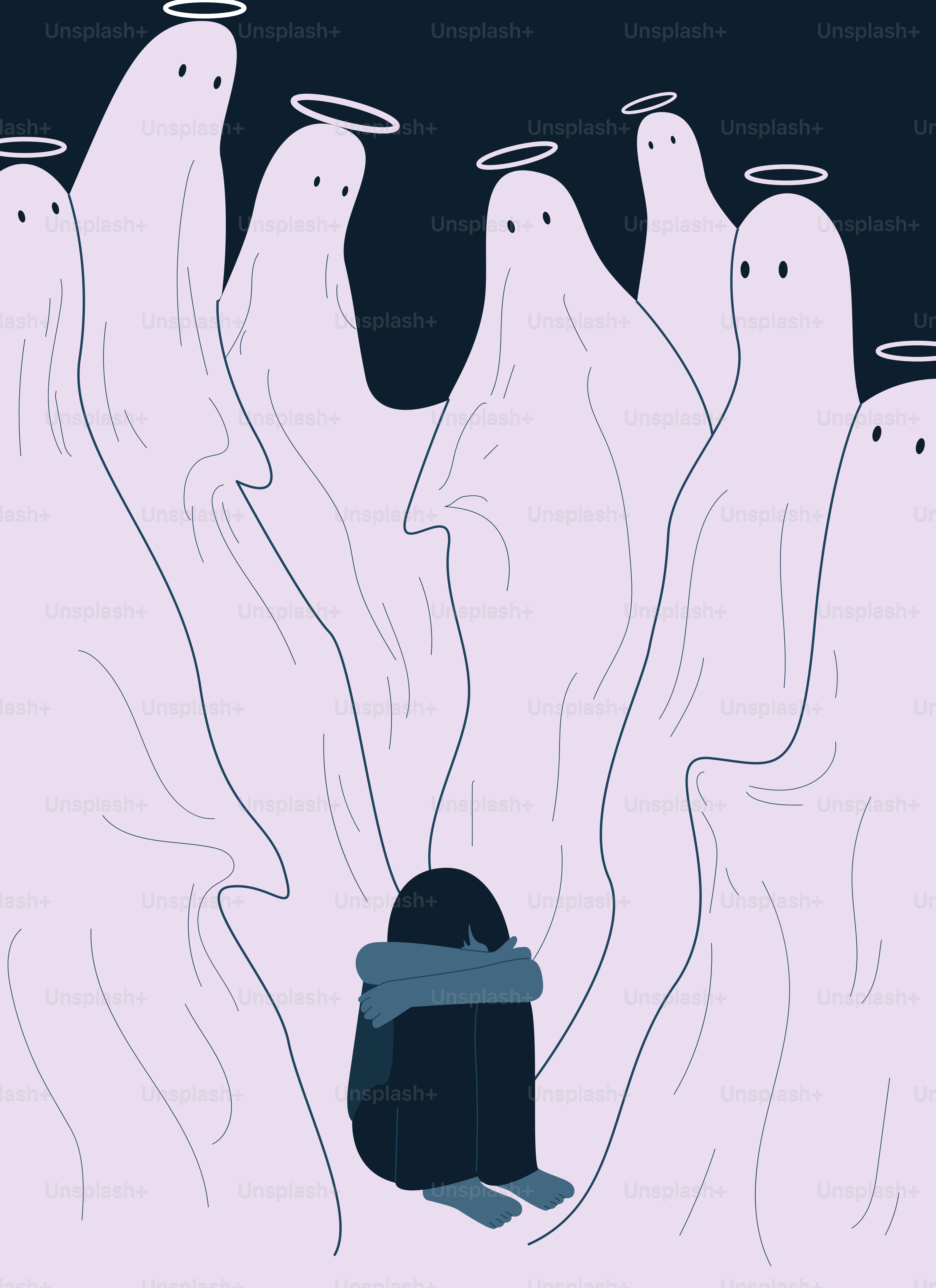 Eine Person sitzt allein, umgeben von geisterhaften Gestalten.