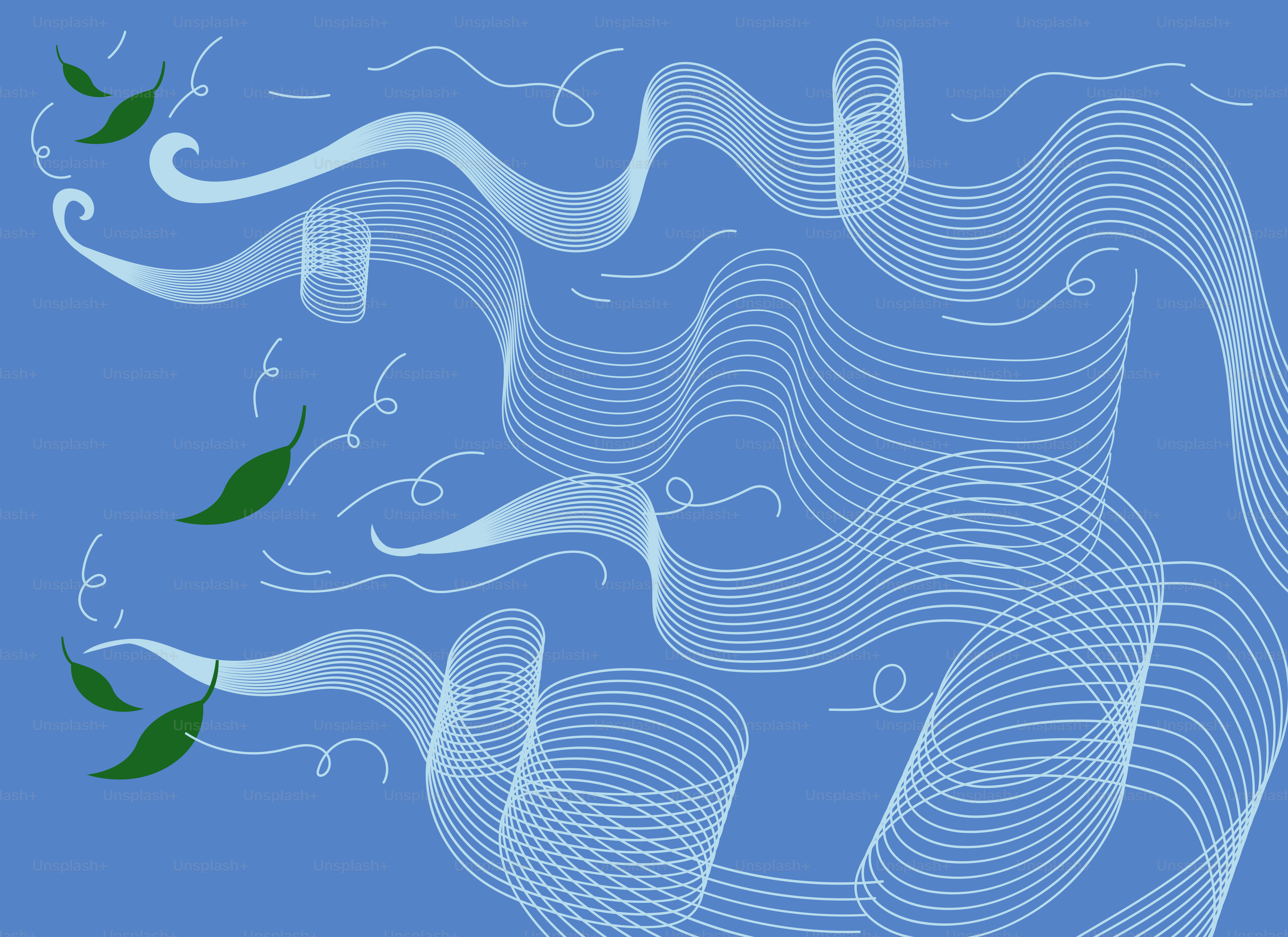 Abstract blue background with flowing white lines and leaves