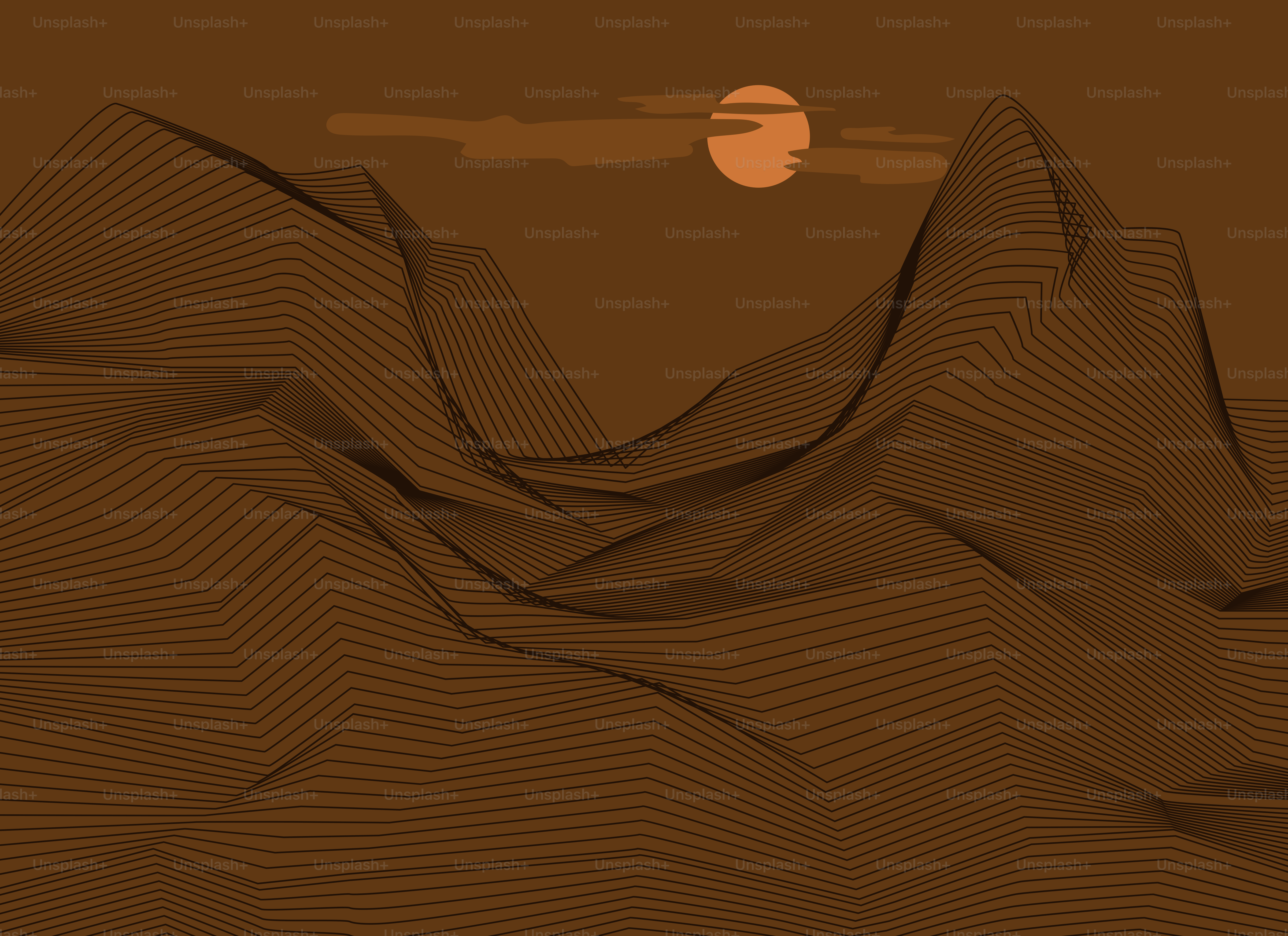 Stylized brown mountain landscape with a setting sun.