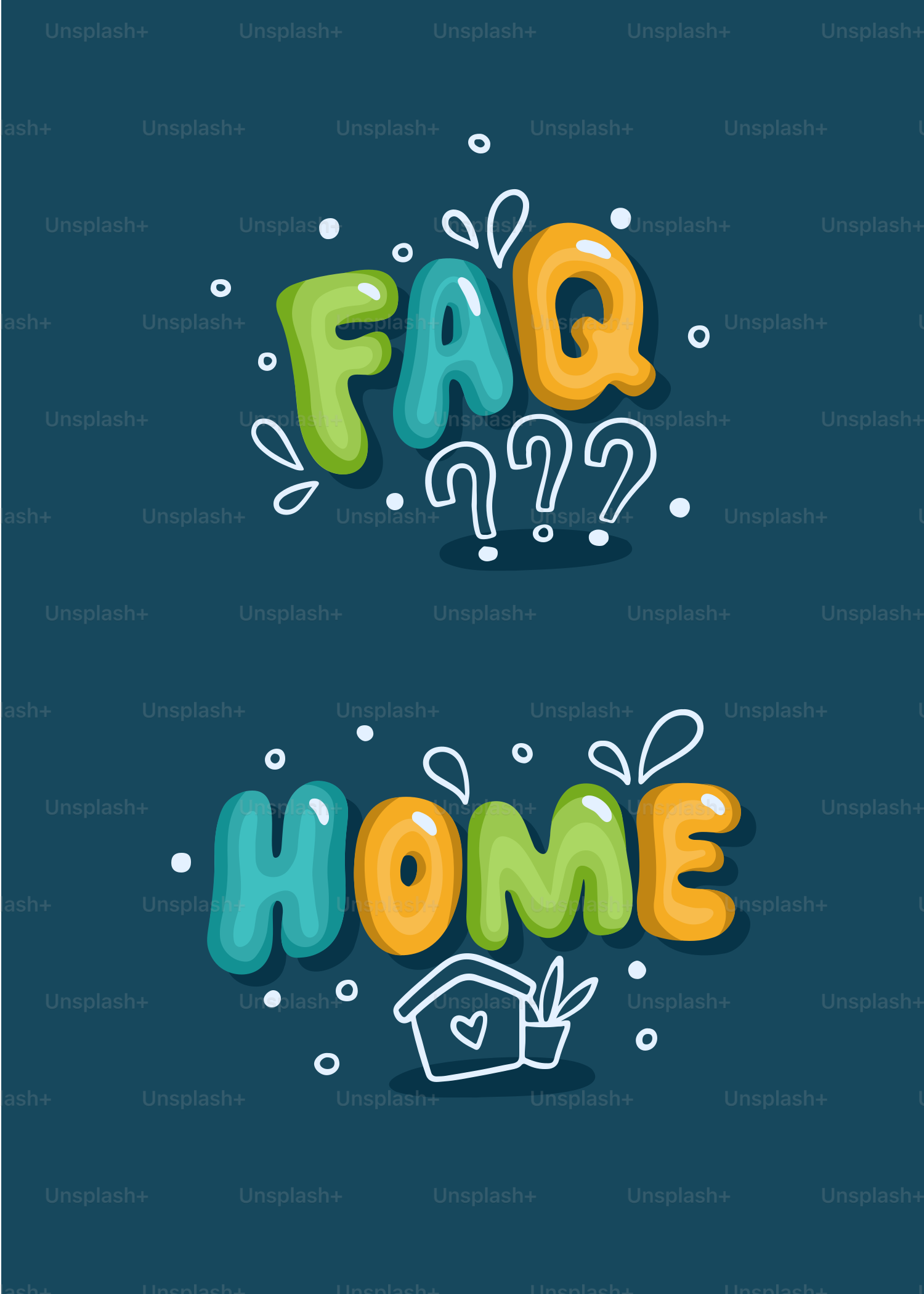 Colorful faq and home text with decorative elements