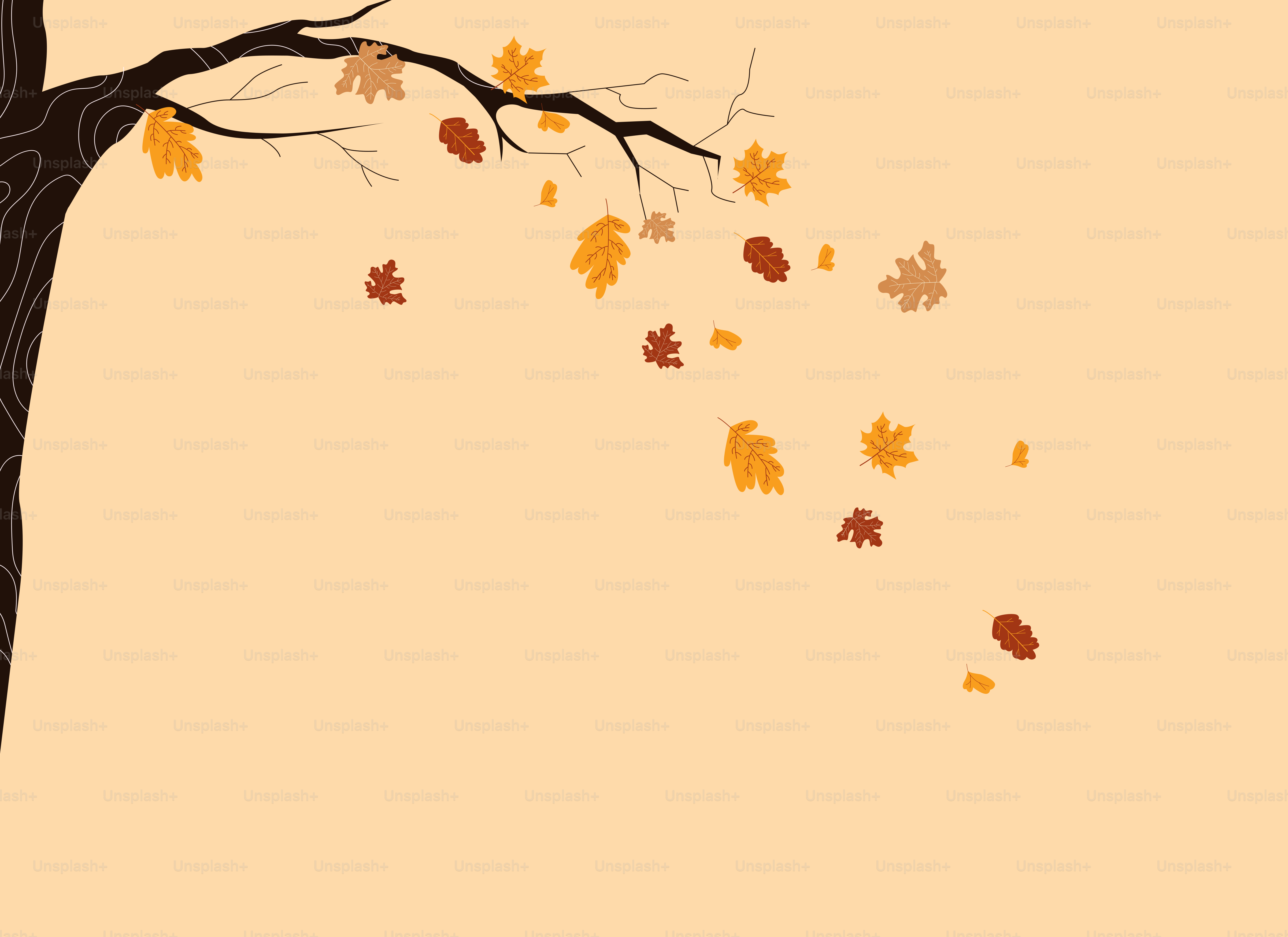 Autumn leaves falling from a tree branch.