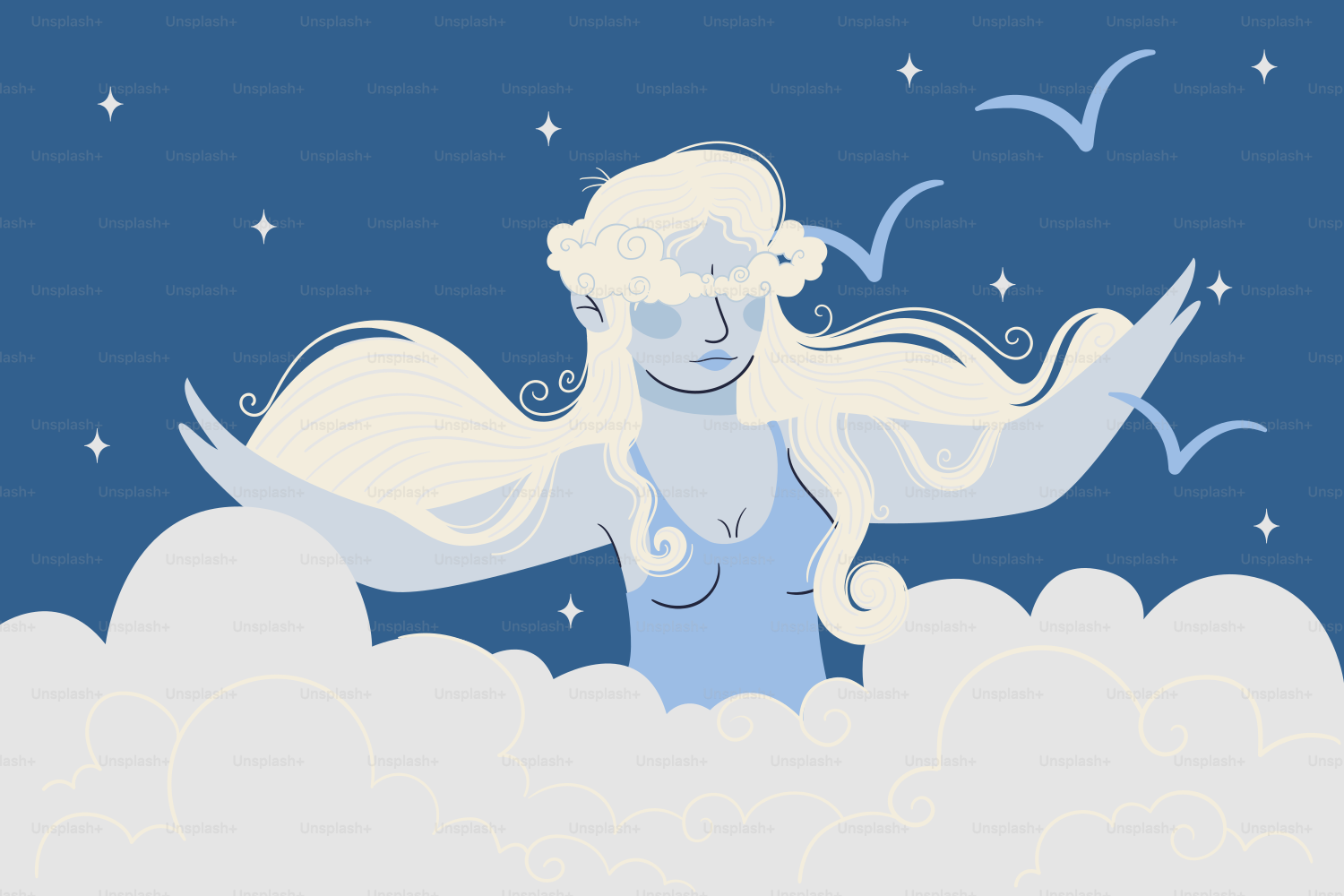 Frau mit wallenden Haaren in Wolken mit Vögeln