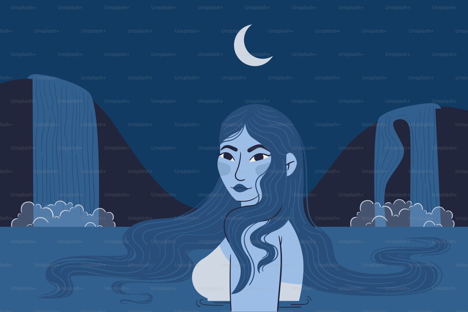 Woman with long hair in water under crescent moon