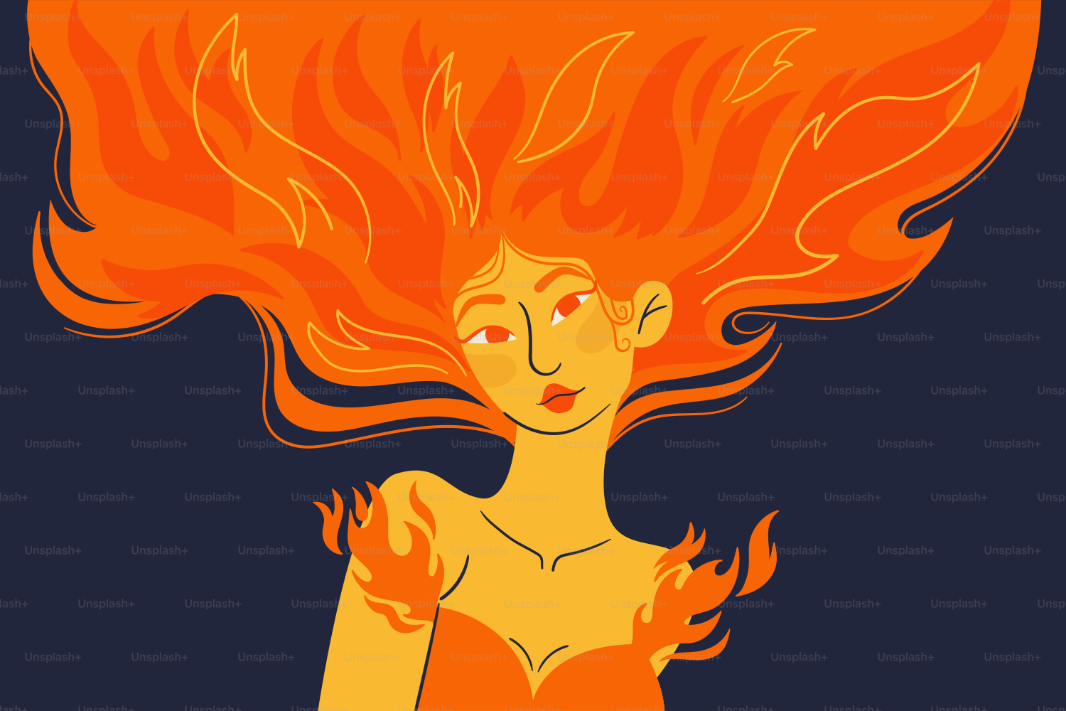 Donna con capelli infuocati e fiamme sulle spalle. vettoriale – Immagine di  Illustrazione su Unsplash, image size:3000x2000