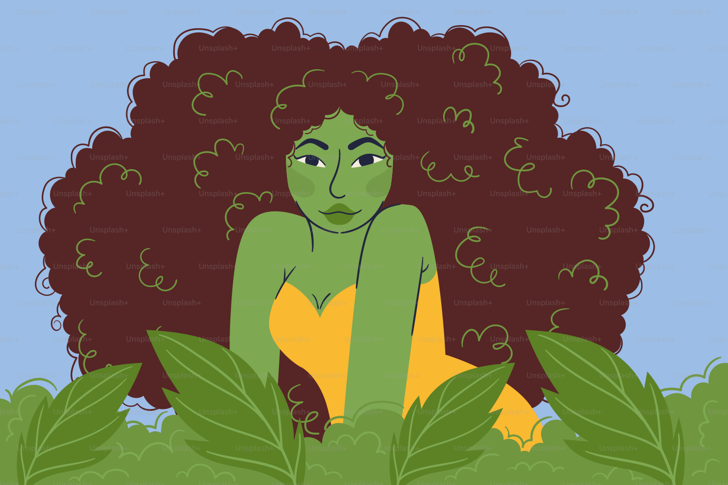 A woman with green skin and large curly hair.