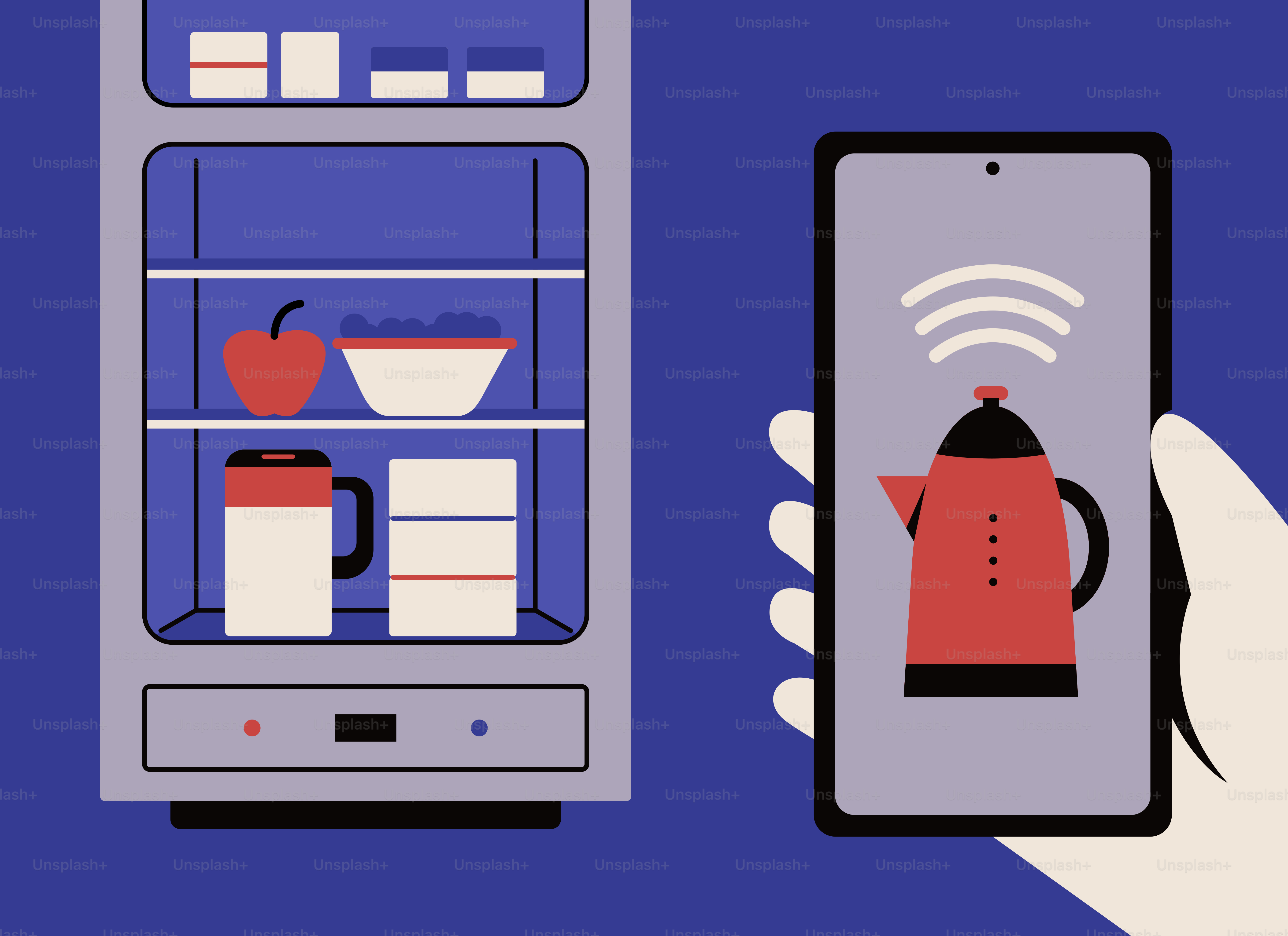 Smart kettle controlled by smartphone next to refrigerator.