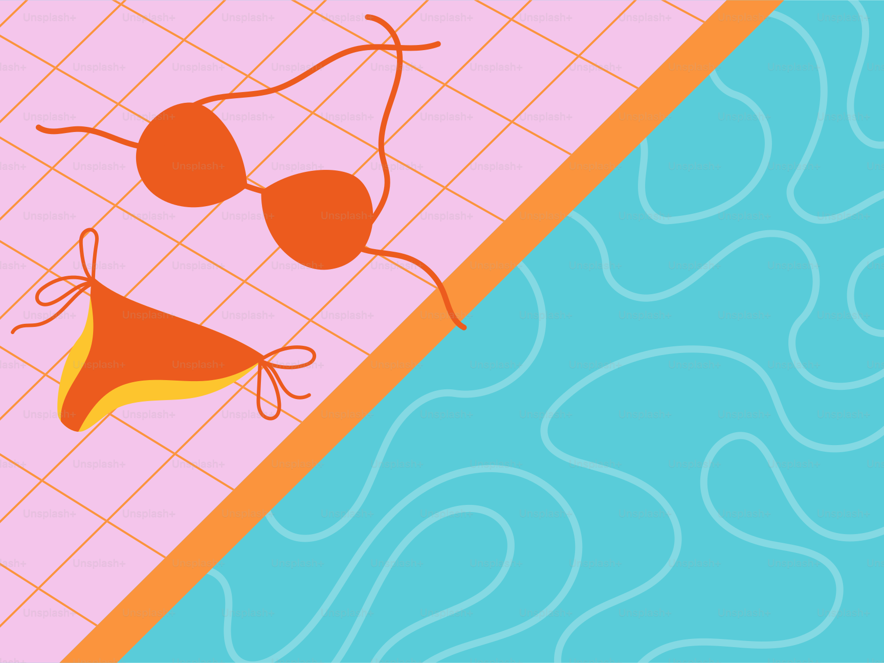 Oranger Bikini am Pool ausgebreitet