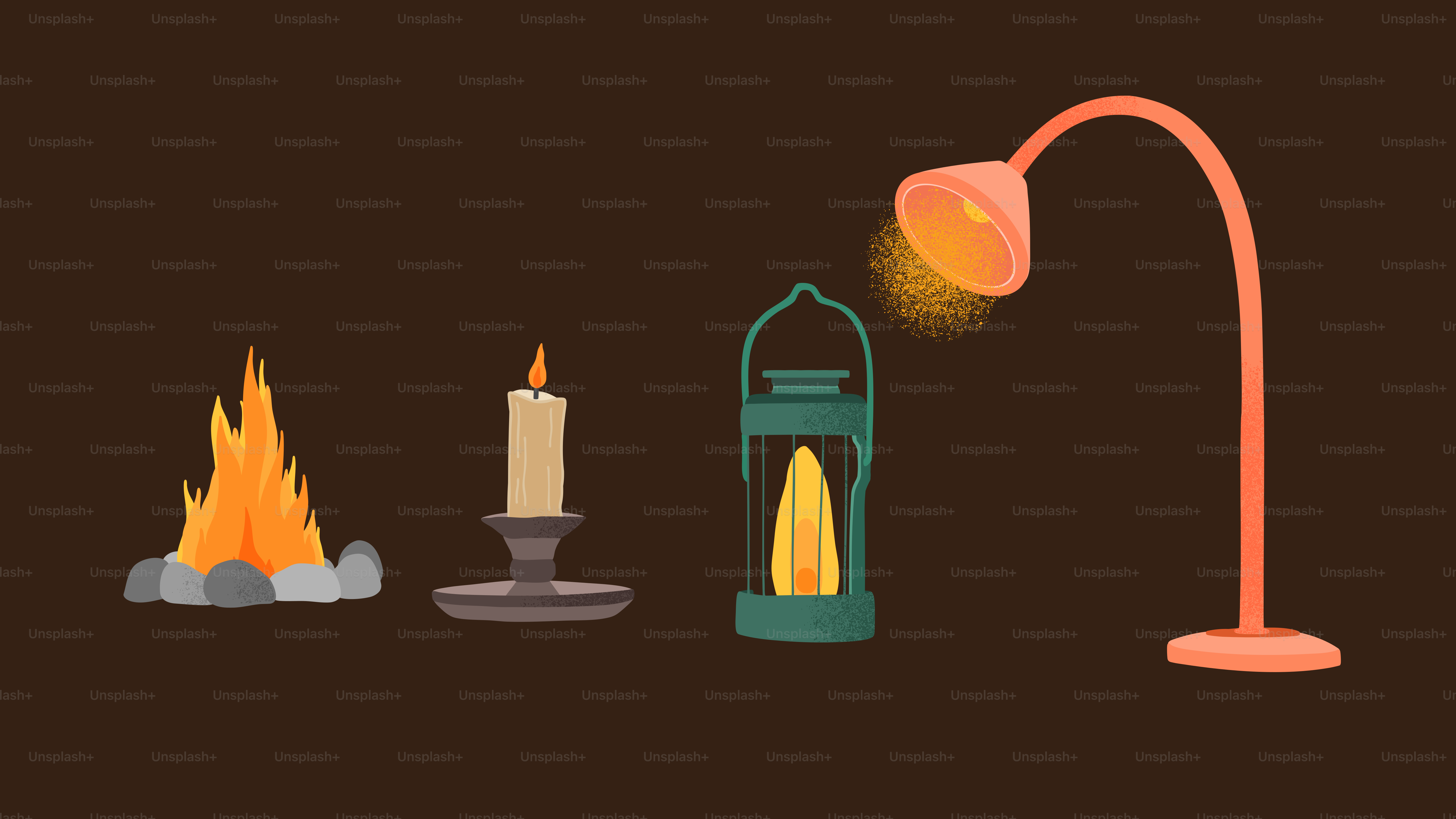 Campfire, candle, lantern, and lamp on brown background