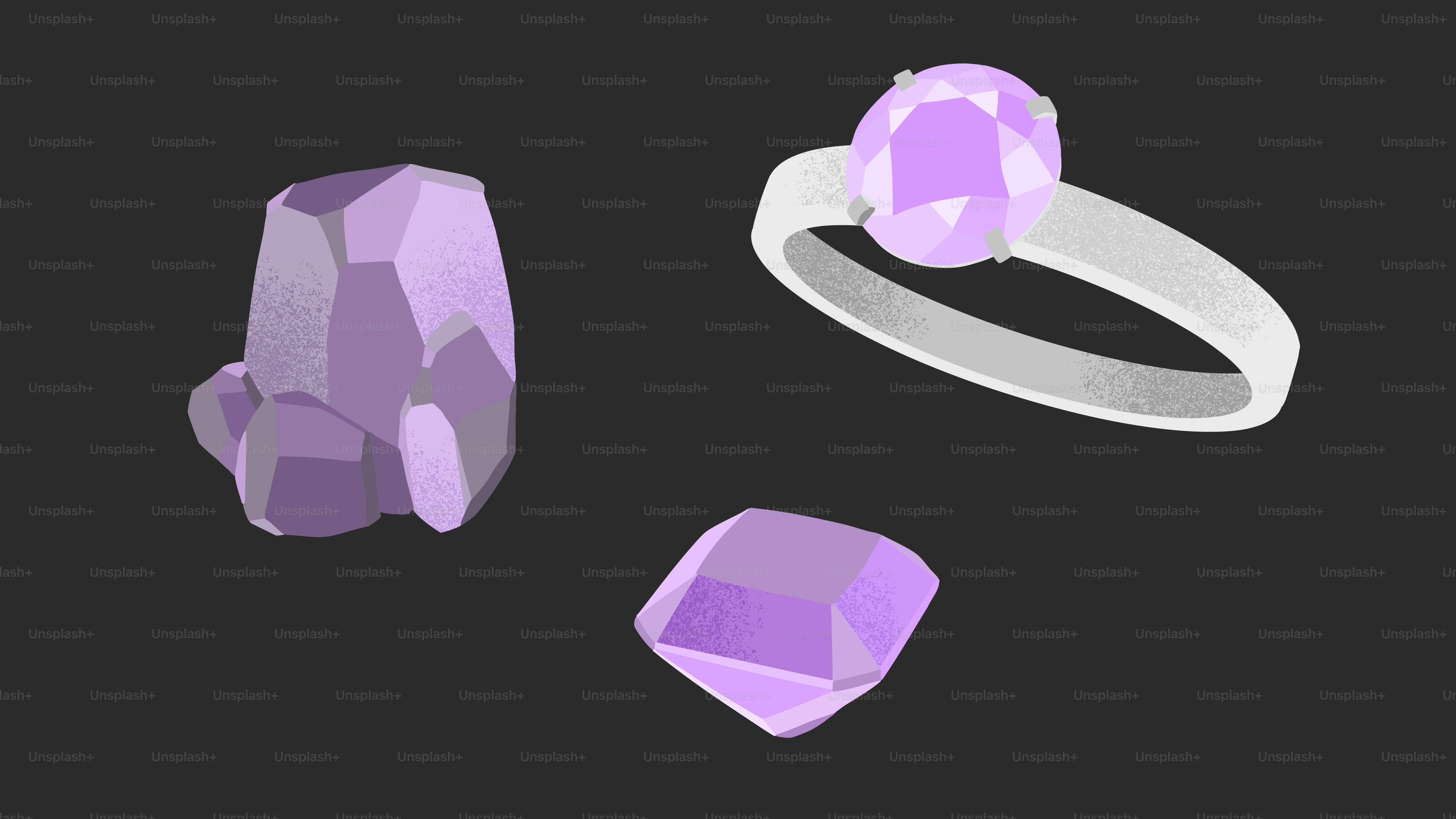Purple gemstones and a ring on dark background