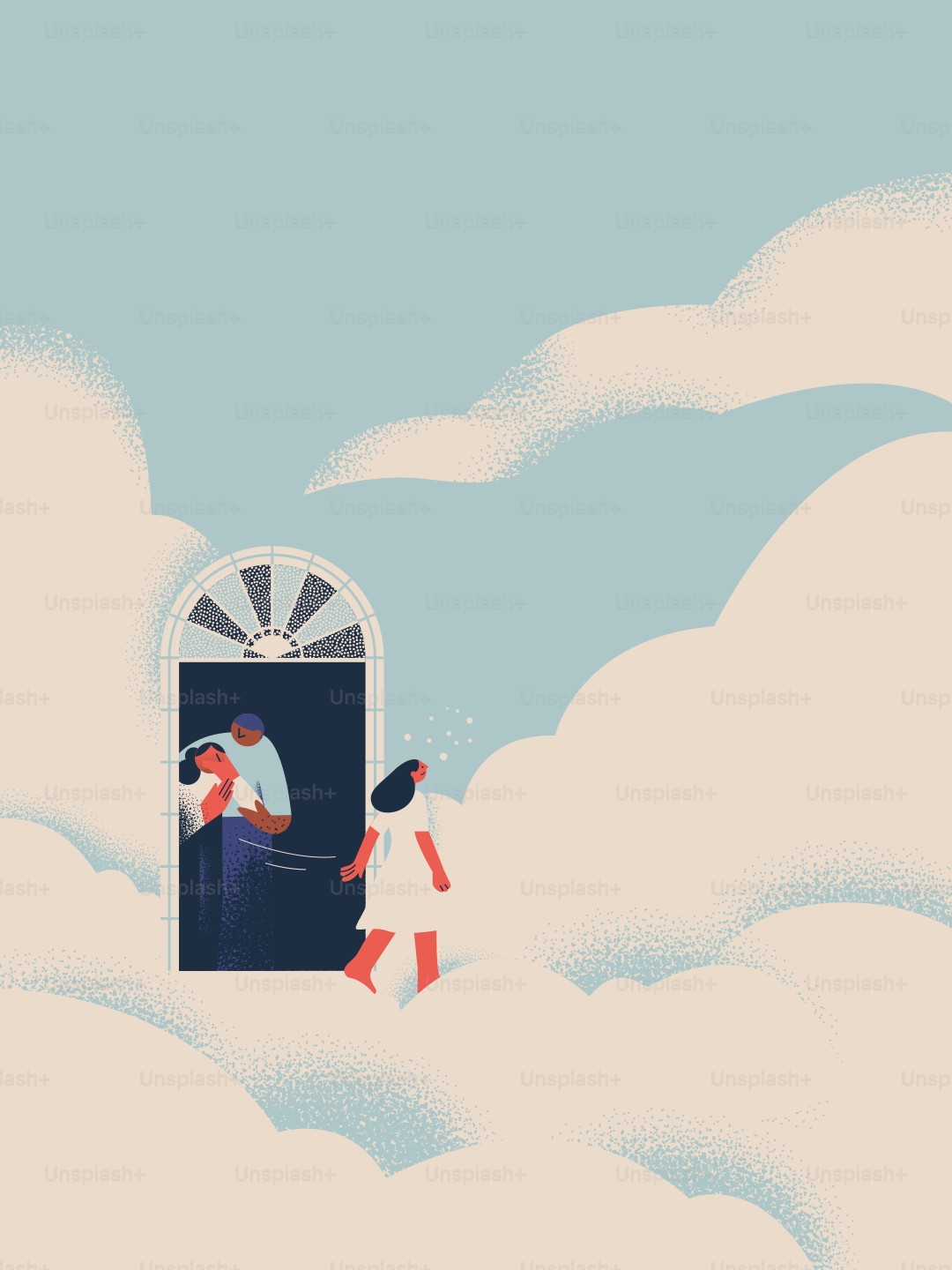 Donna si avvicina alla porta aperta tra le nuvole