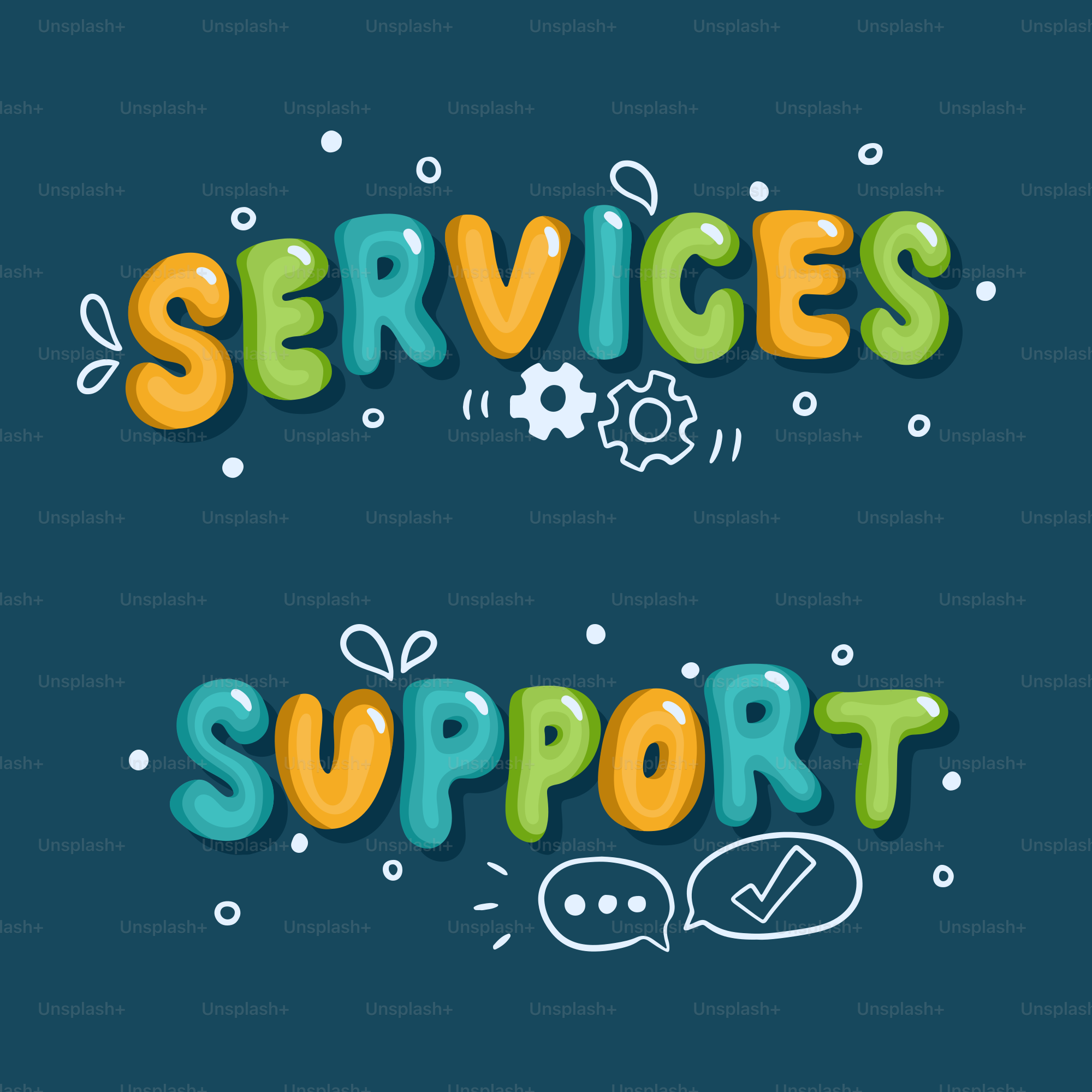 Colorful text "services" and "support" with icons.