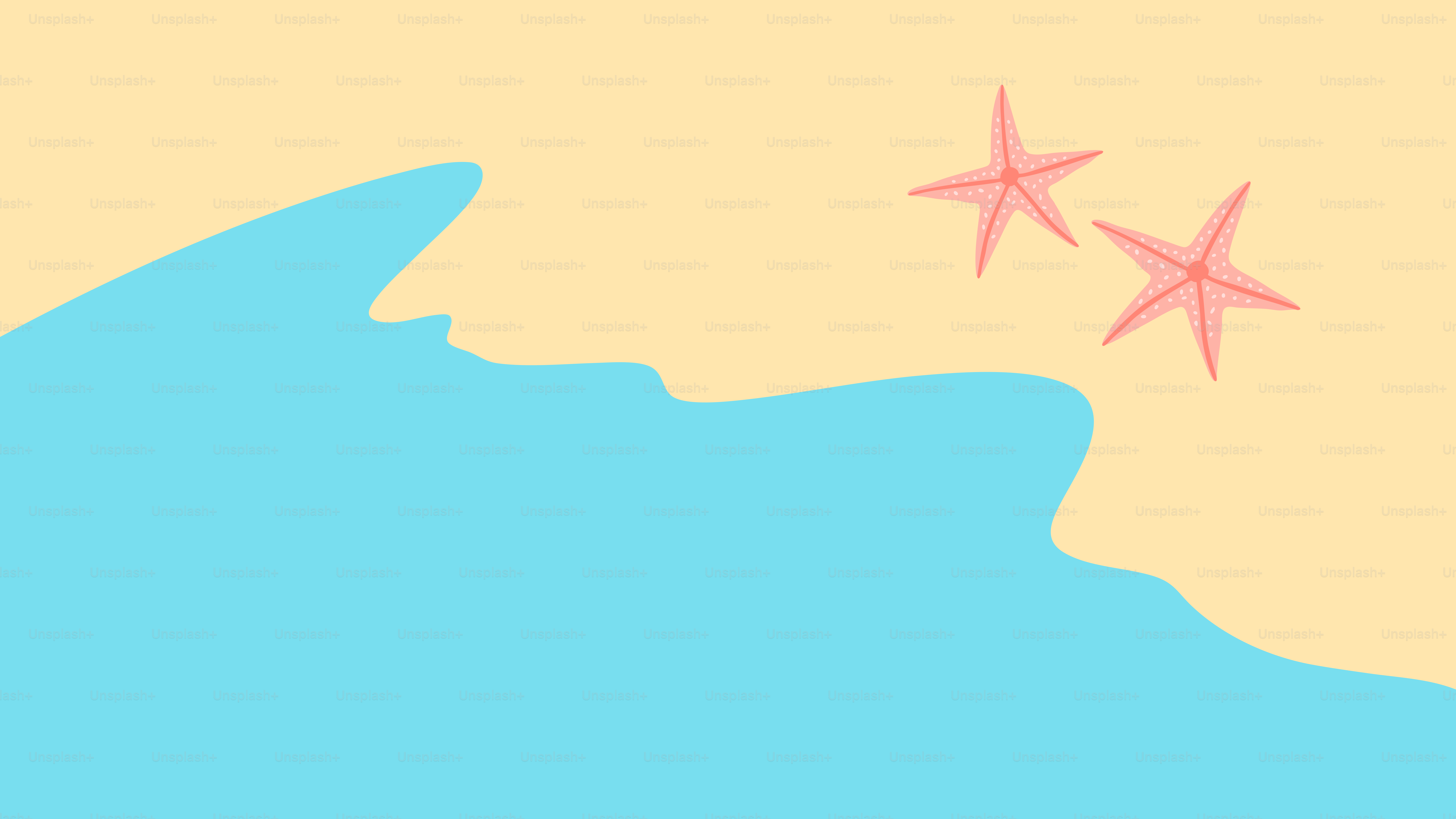 Two starfish on a sandy beach next to the ocean.