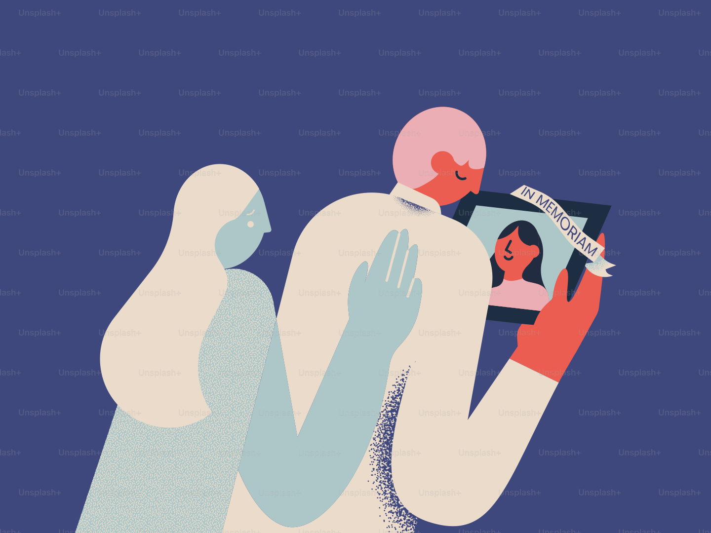 Couple looking at a framed picture of a woman