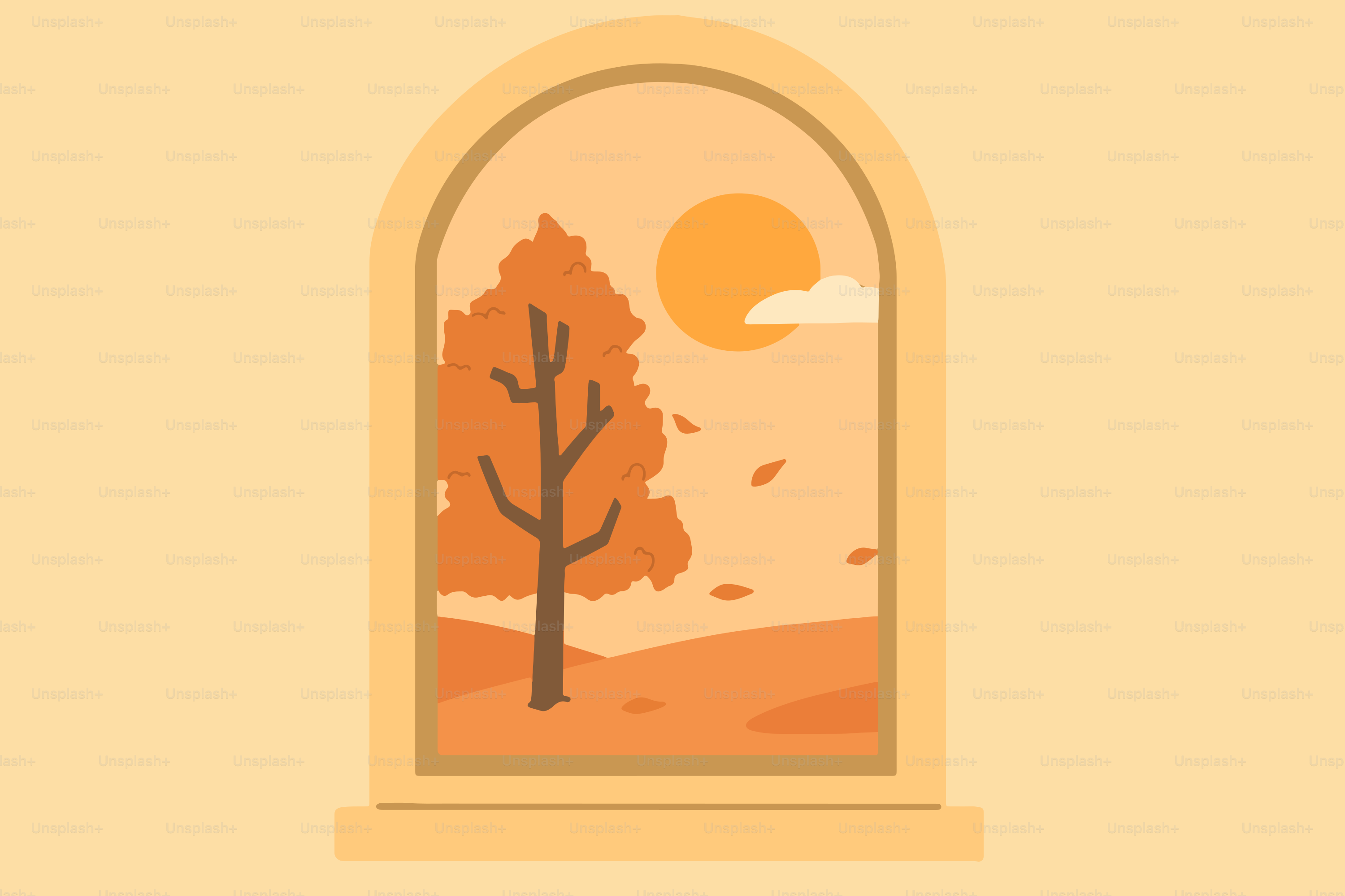 Scène d’automne vue à travers une fenêtre cintrée.
