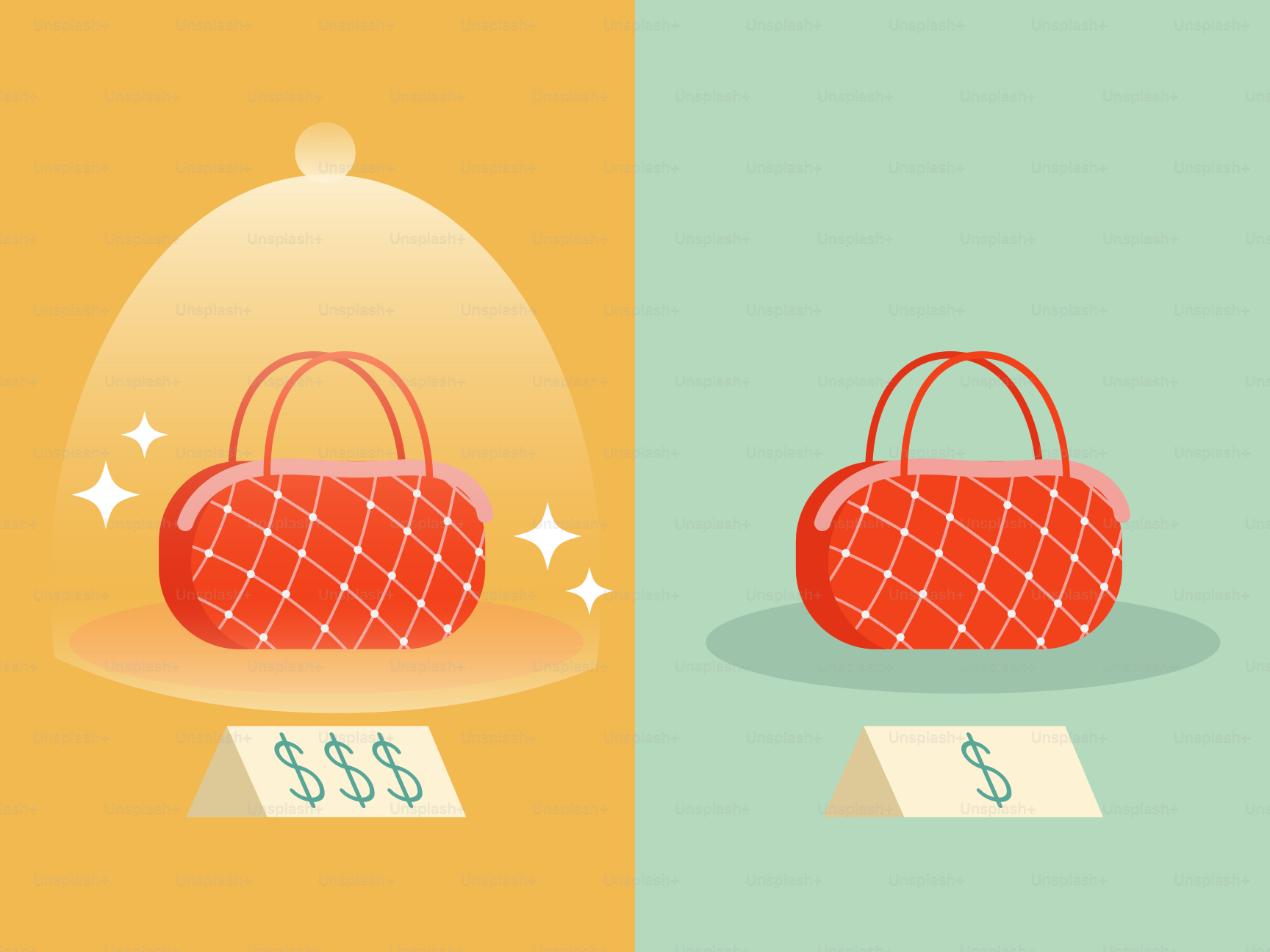 Two red handbags, one displayed under glass, one not.