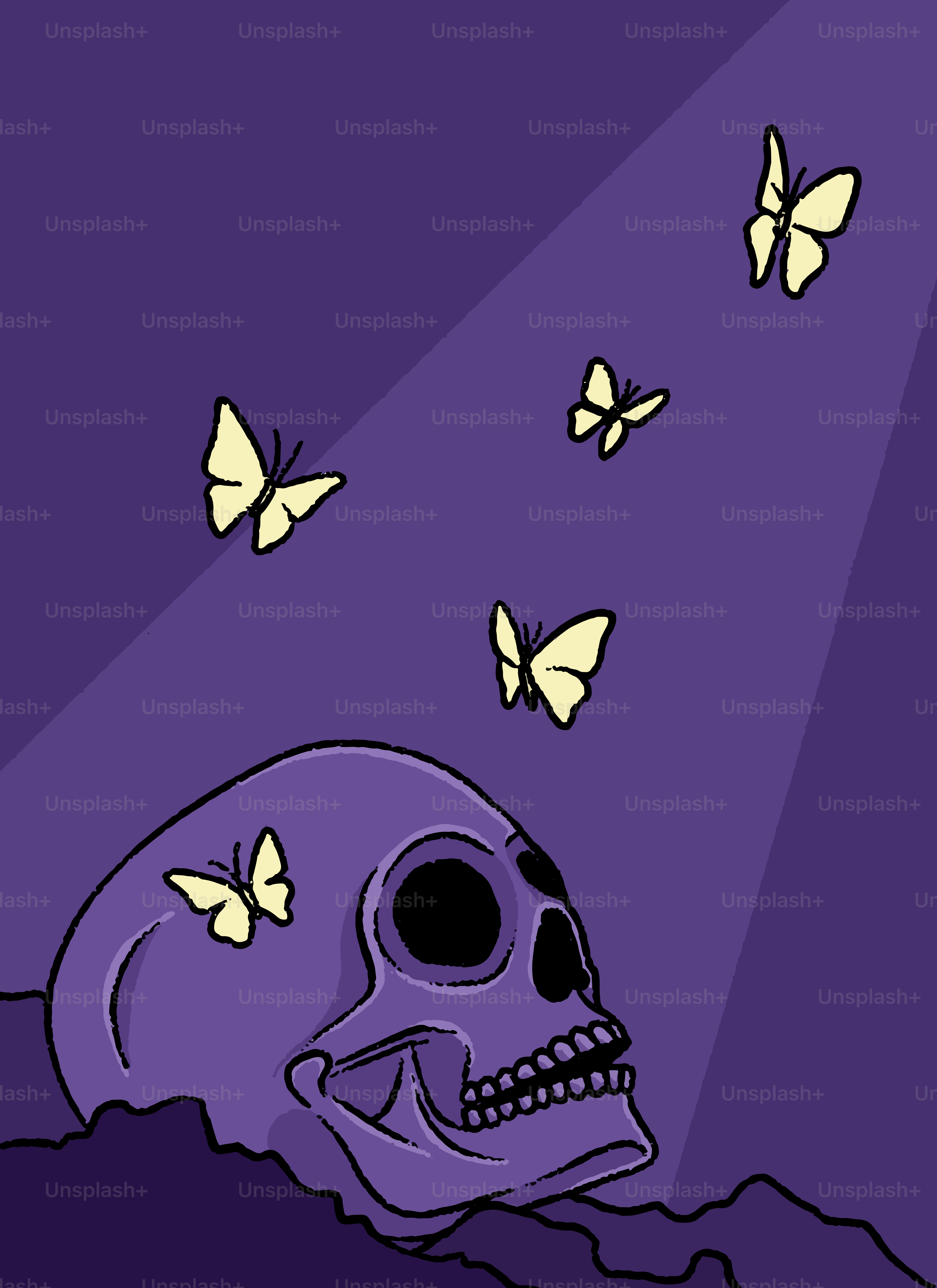 Butterflies fly around a skull in purple light.