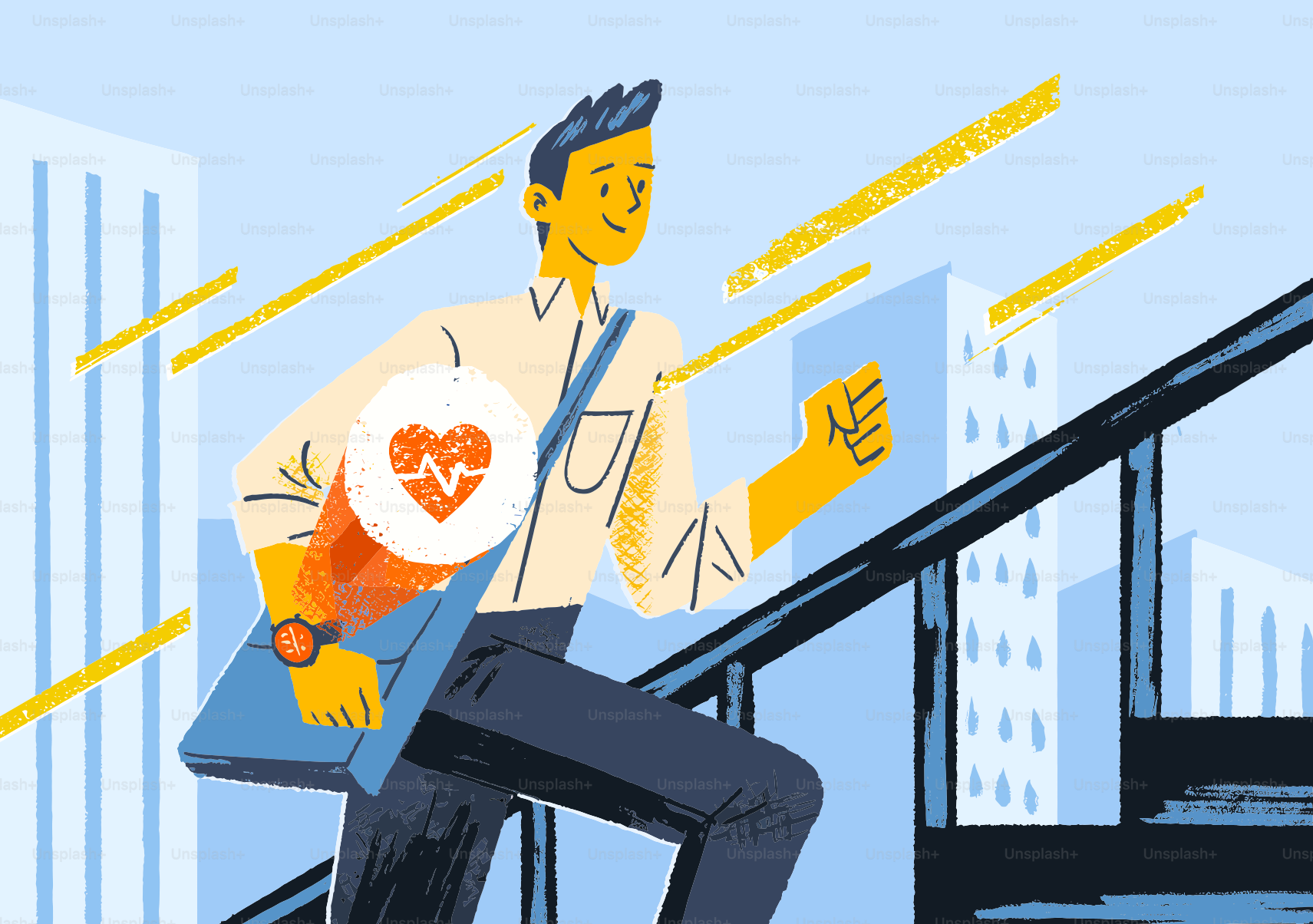 Mann, der Treppen steigt, mit Herzgesundheitssymbol.