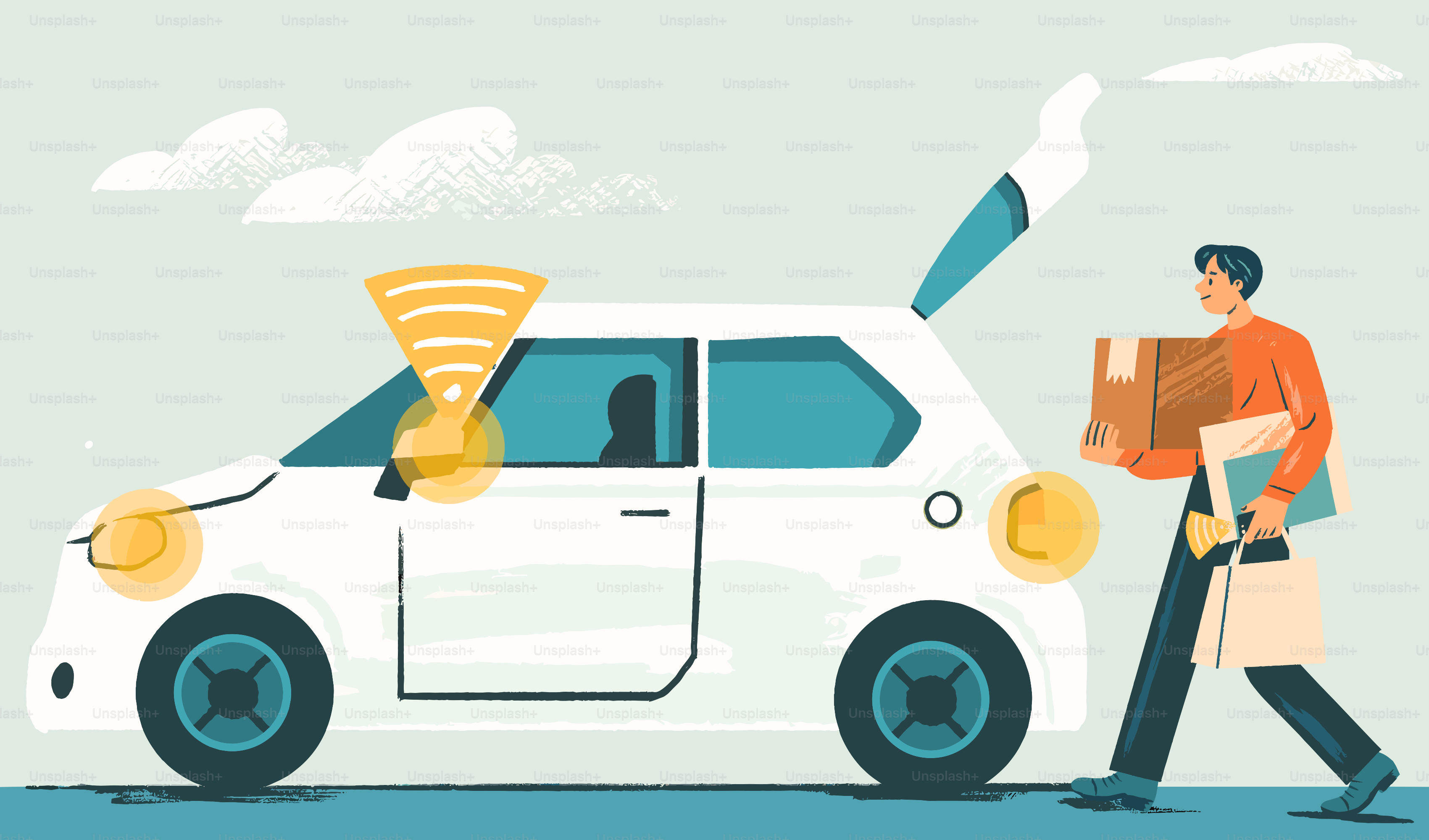 Mann mit Paket geht mit offenem Kofferraum auf das Auto zu.