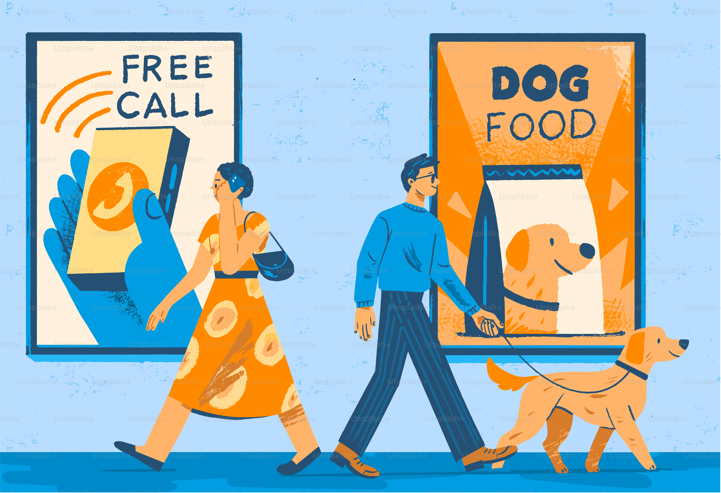 People walk past posters for free calls and dog food.