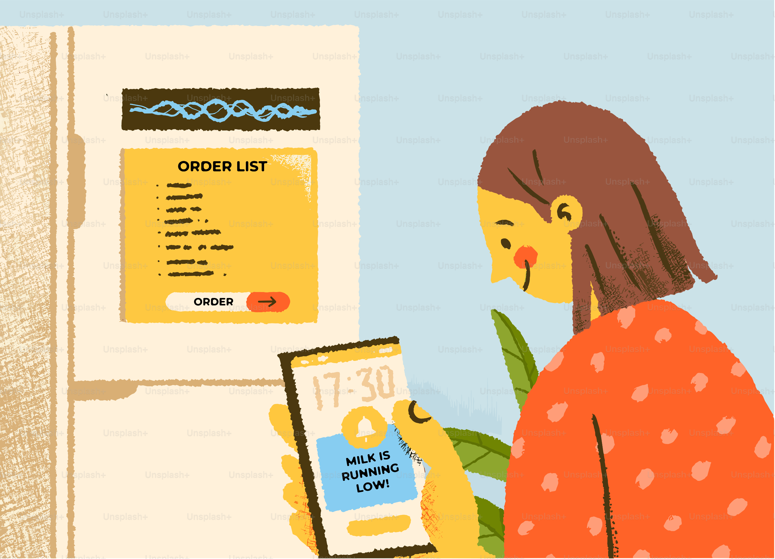 Frau benutzt Telefon, um die Bestellliste an der Wand zu überprüfen.