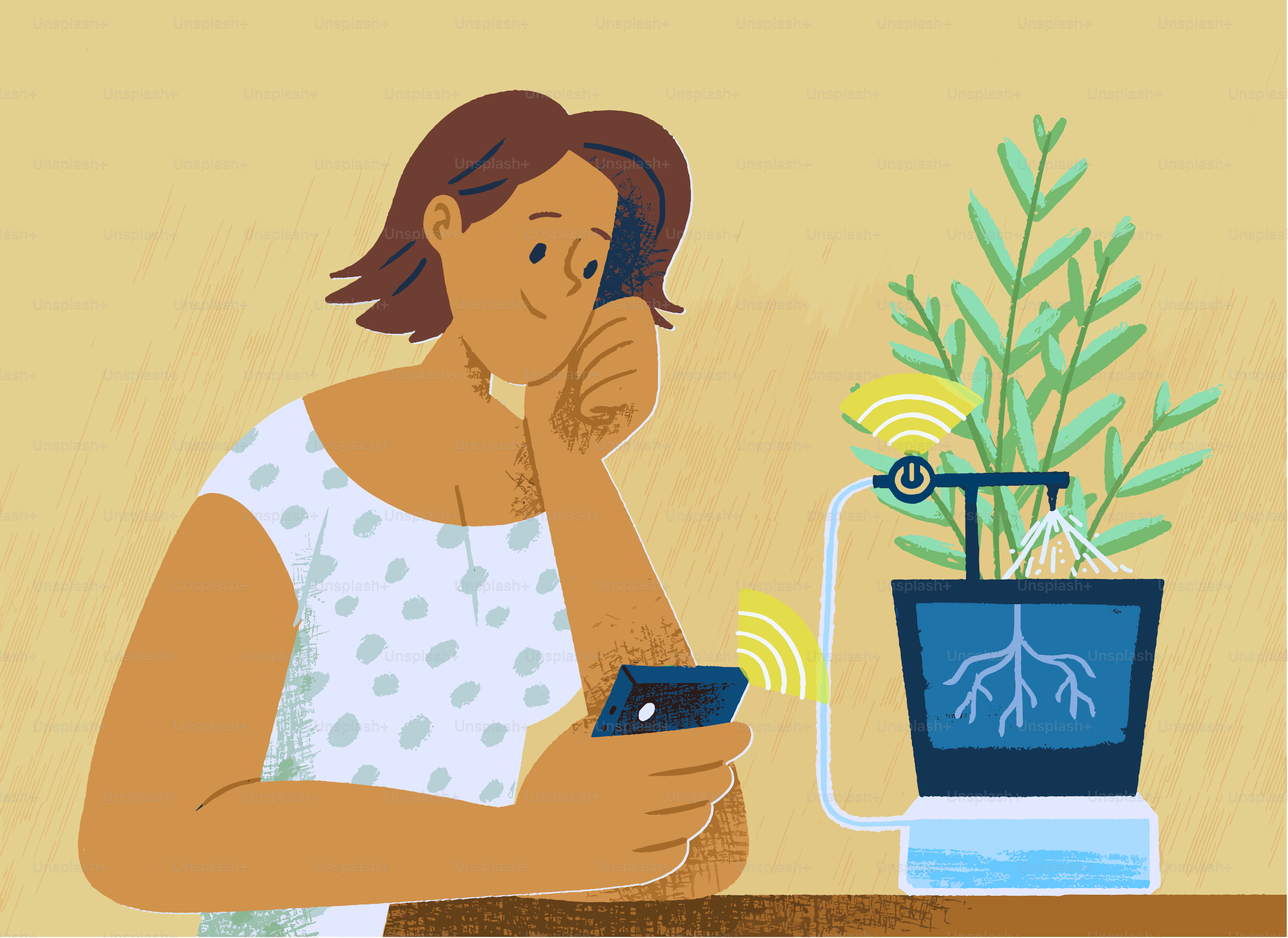 Une femme utilise son smartphone pour surveiller un système d’arrosage intelligent des plantes.