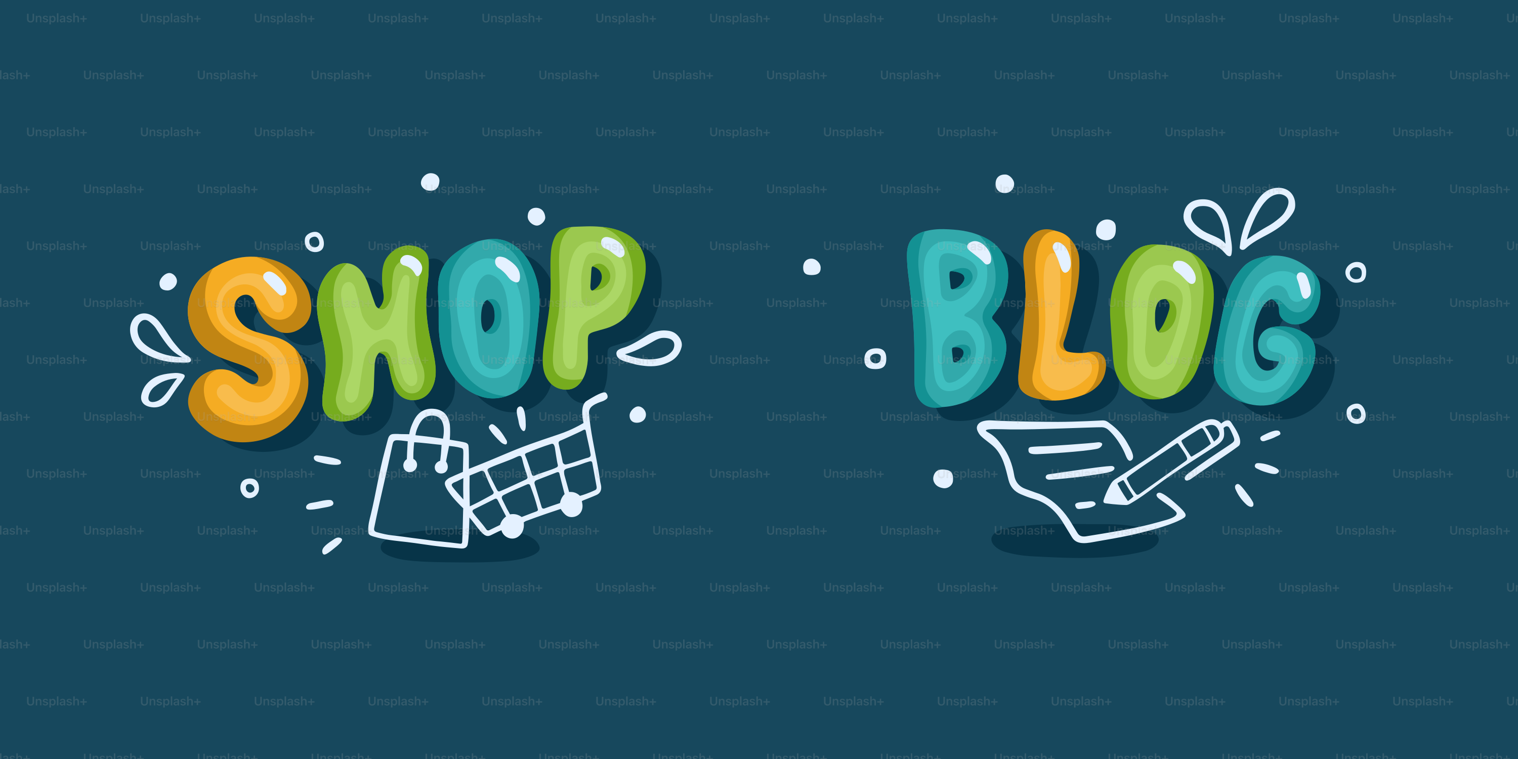 Colorful text "shop blog" with shopping and writing icons.