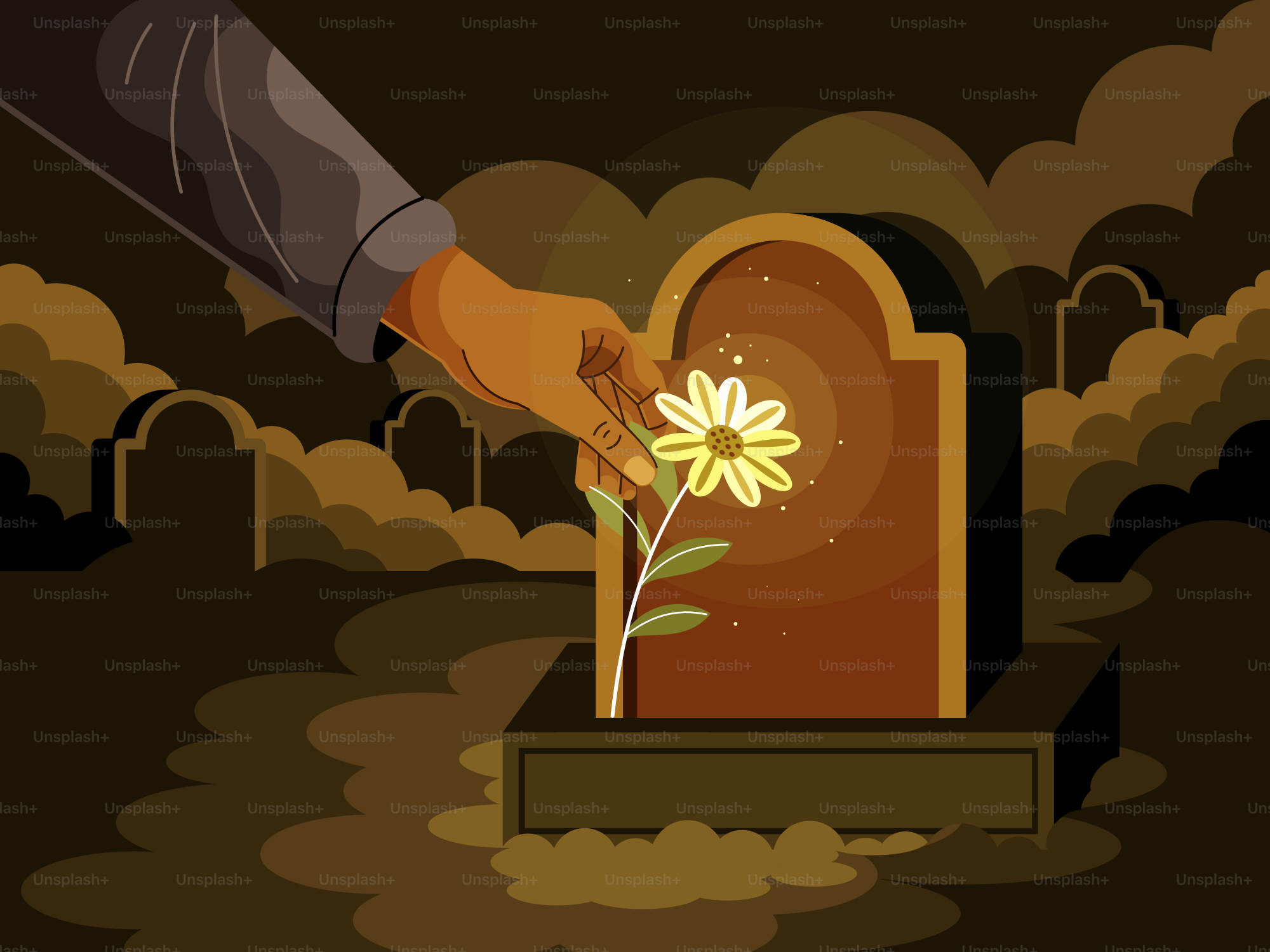 Hand dépose une fleur sur la pierre tombale au cimetière