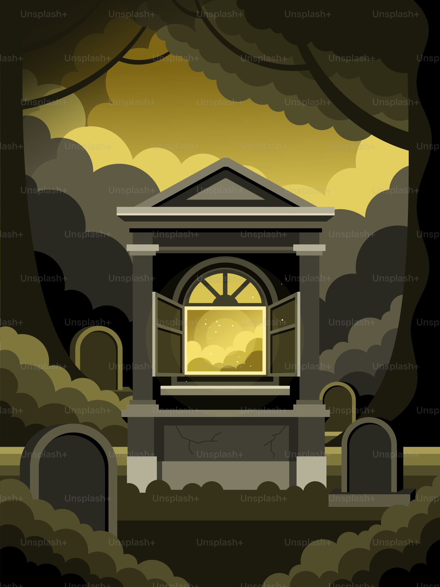 Tomb with open window showing starry sky