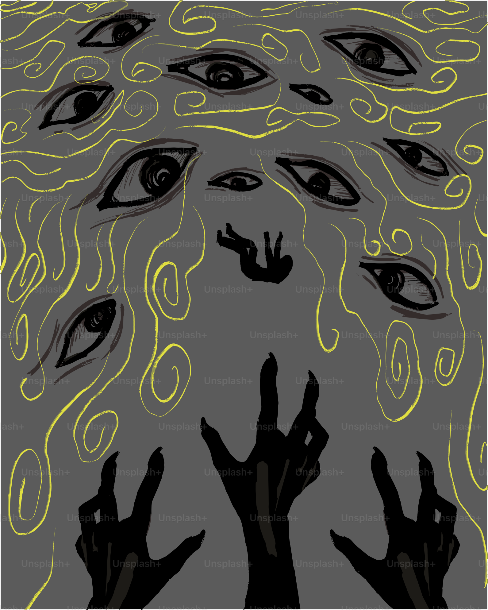 Multiple eyes watch a figure falling towards reaching hands.