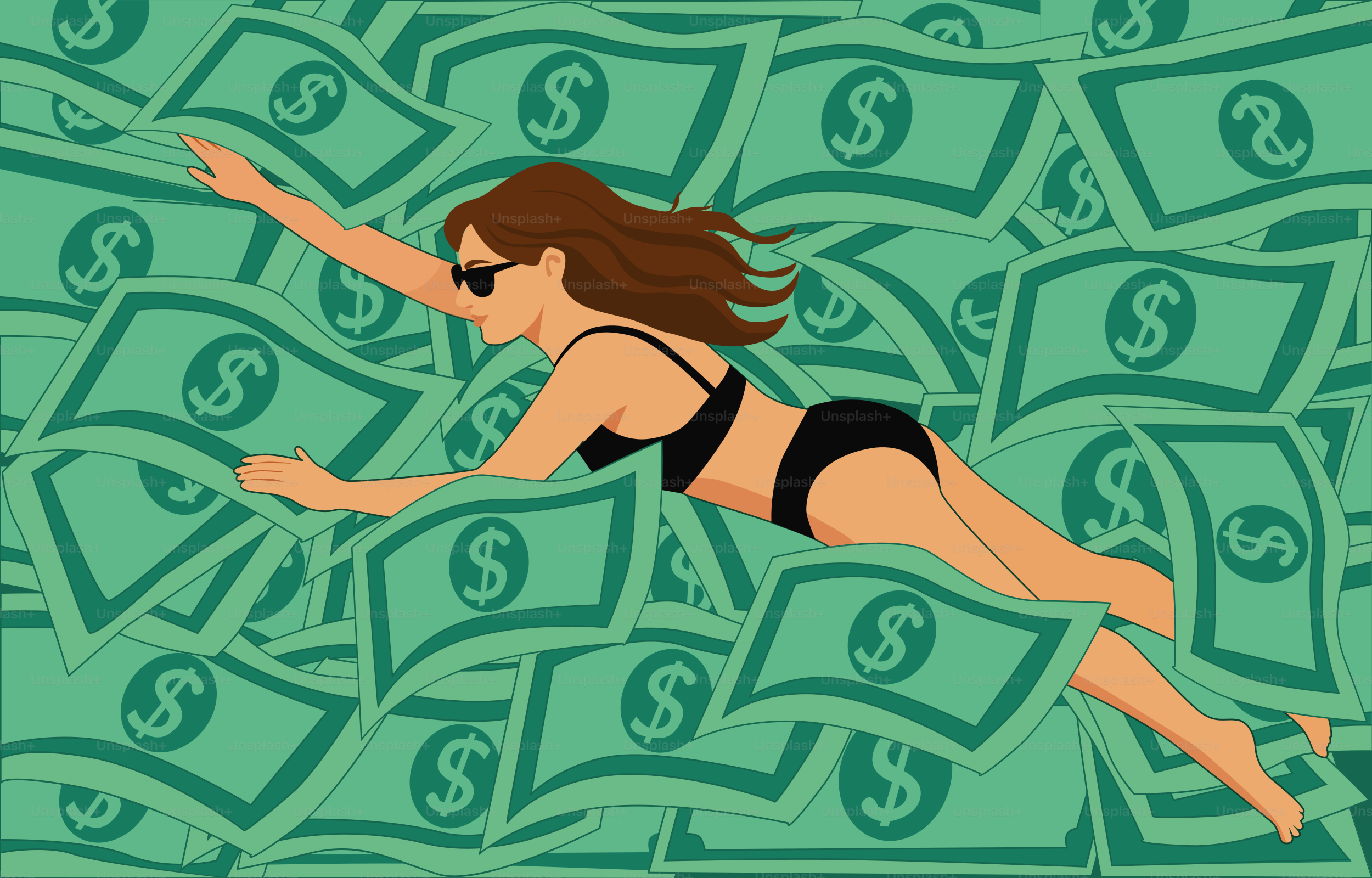 Woman swimming in a sea of money