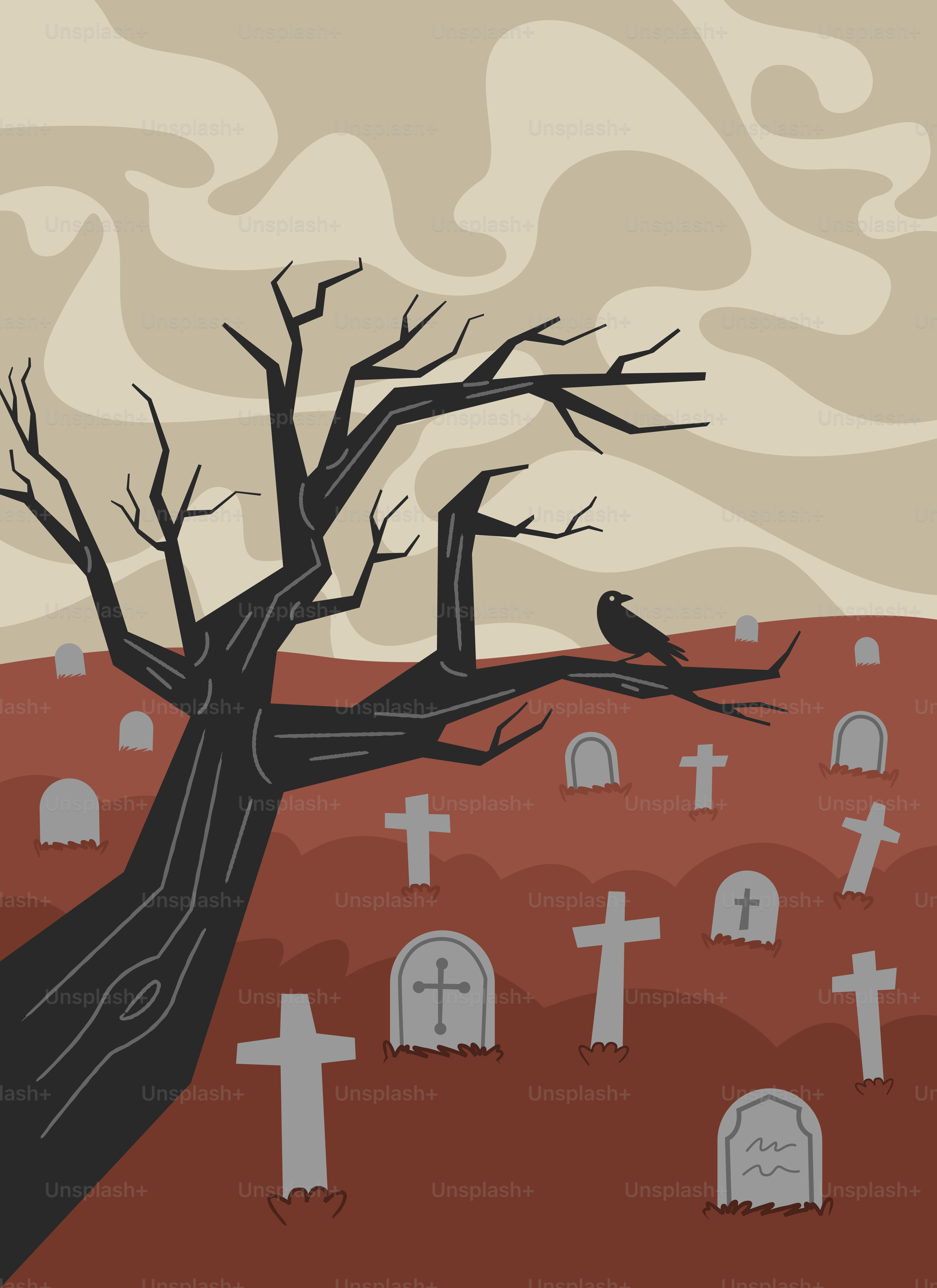 A crow sits on a dead tree in a graveyard.