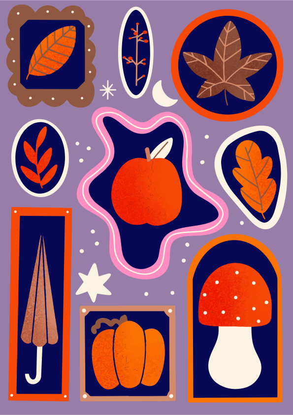 Motivi autunnali includono foglie, zucca, fungo e mela.