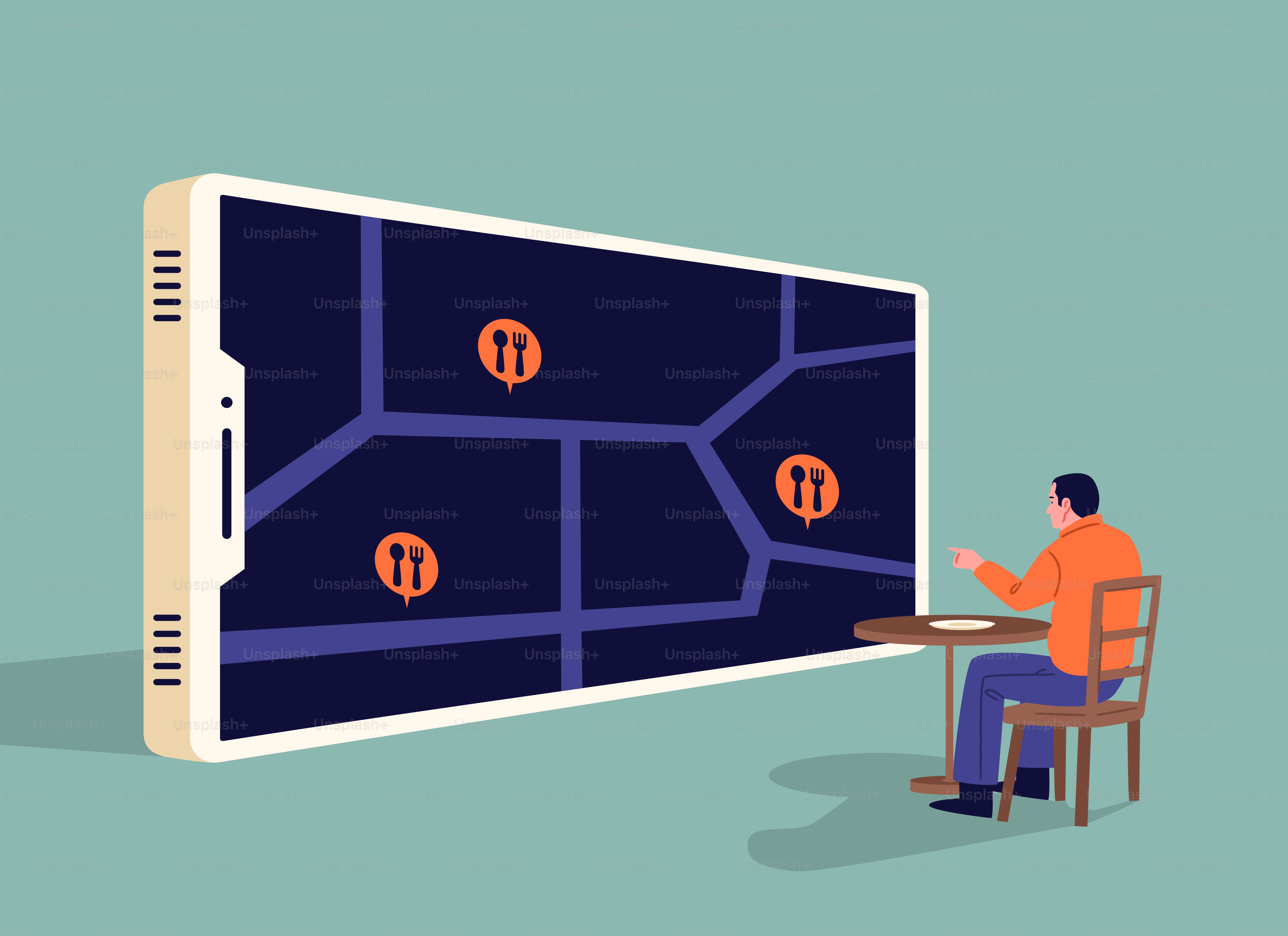 Man looks at restaurant map on giant phone screen.