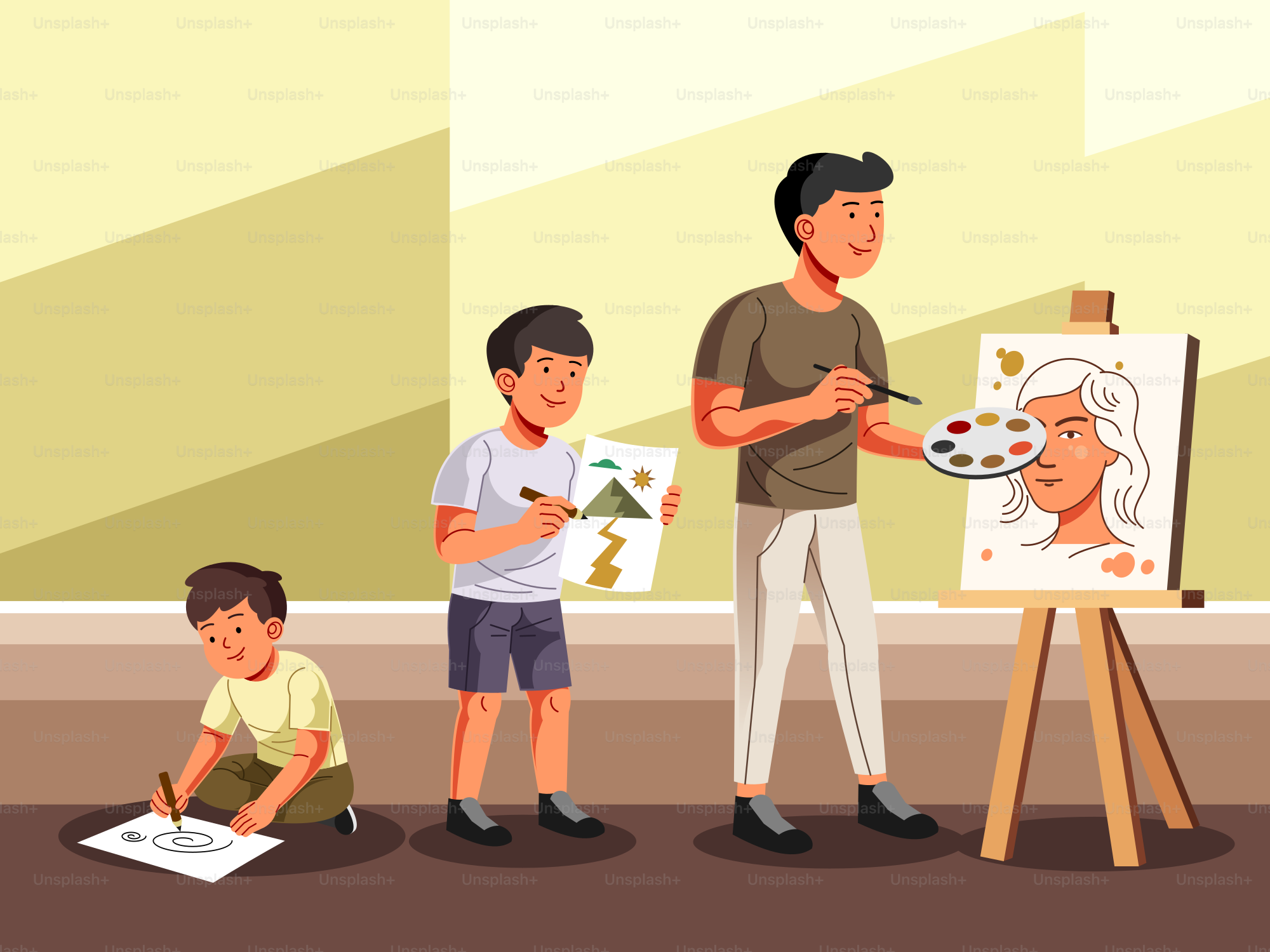 父と息子が屋外で一緒に絵を描き、絵を描く。