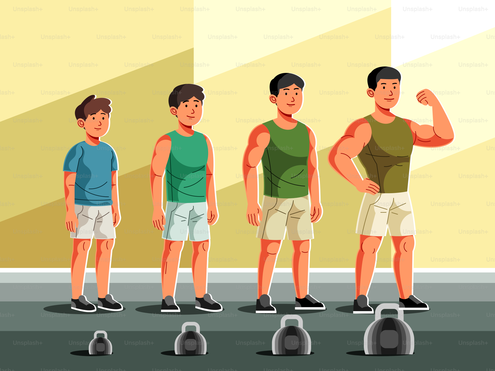 Four men showing physical development with weights.