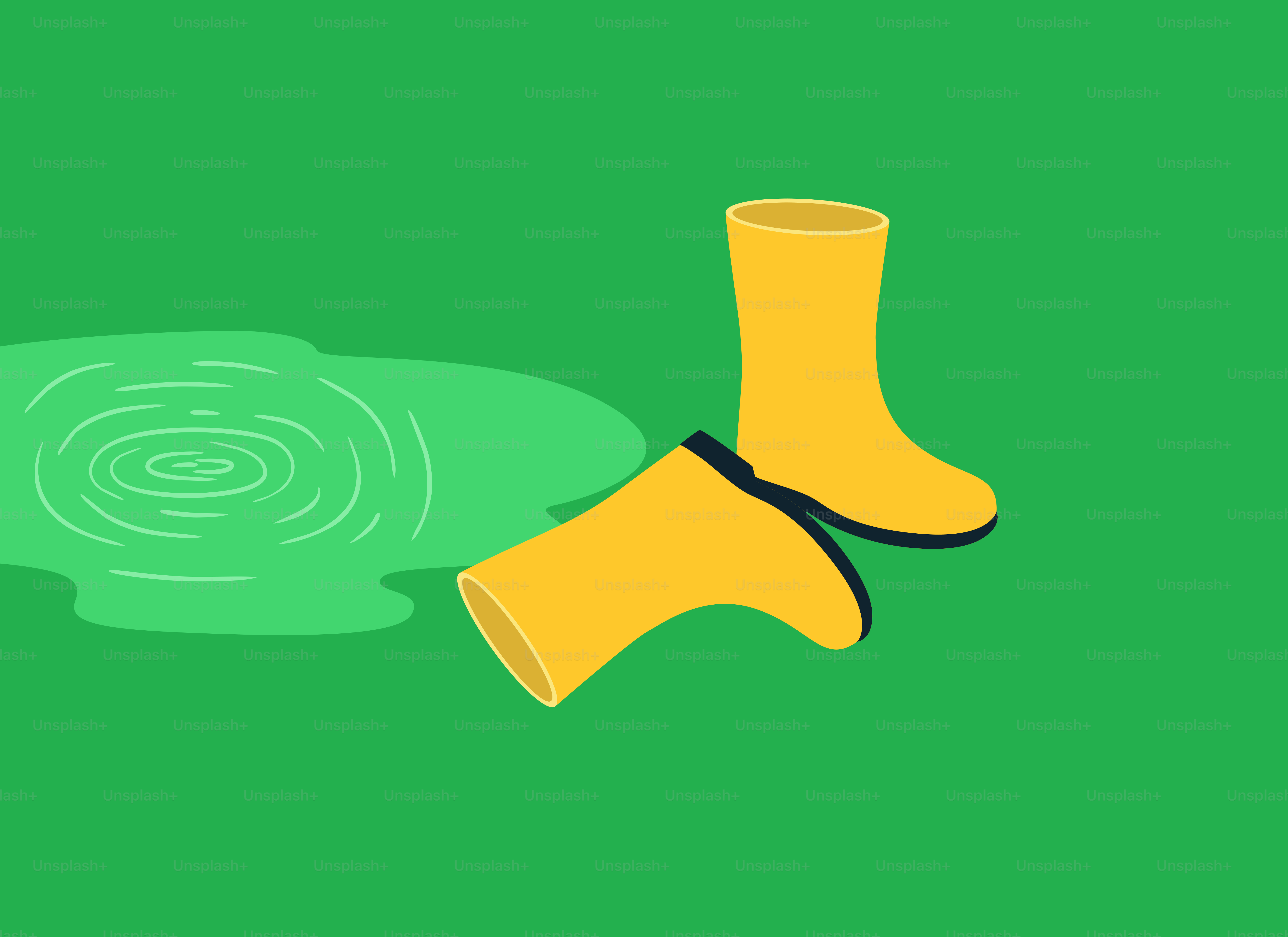 Yellow rain boots next to a puddle