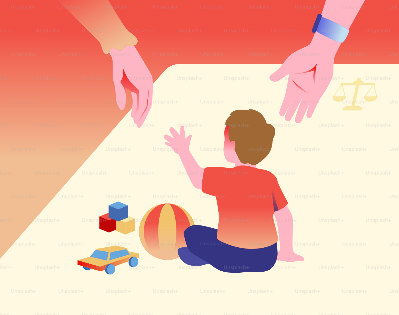 Enfant avec des jouets entre deux mains tendues