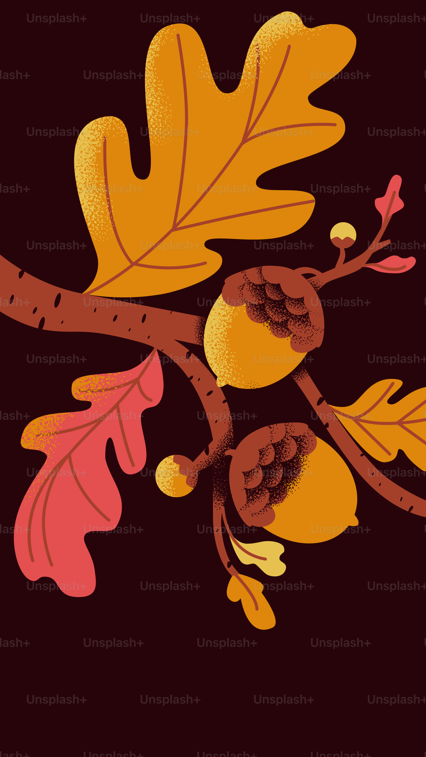 Autumn oak leaves and acorns on a branch