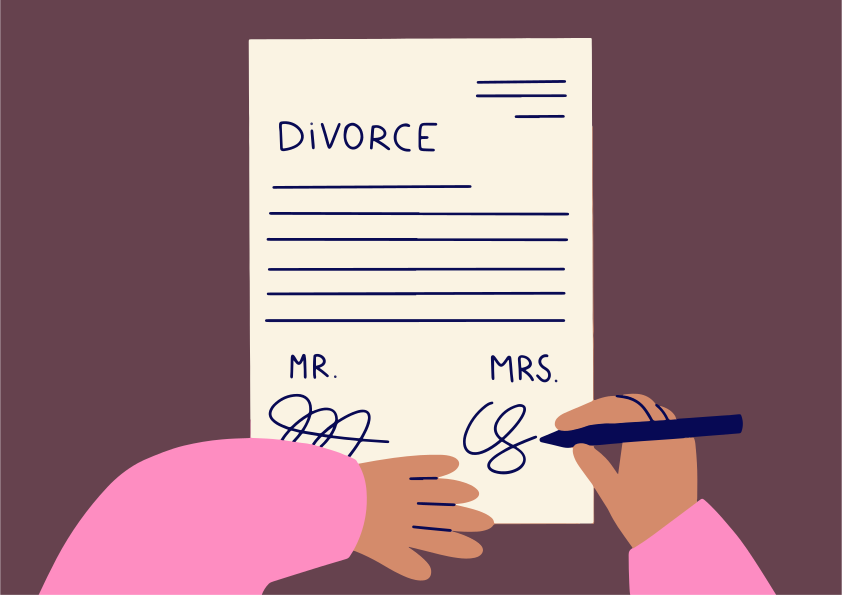 Person, die Scheidungspapiere mit einem Stift unterschreibt.