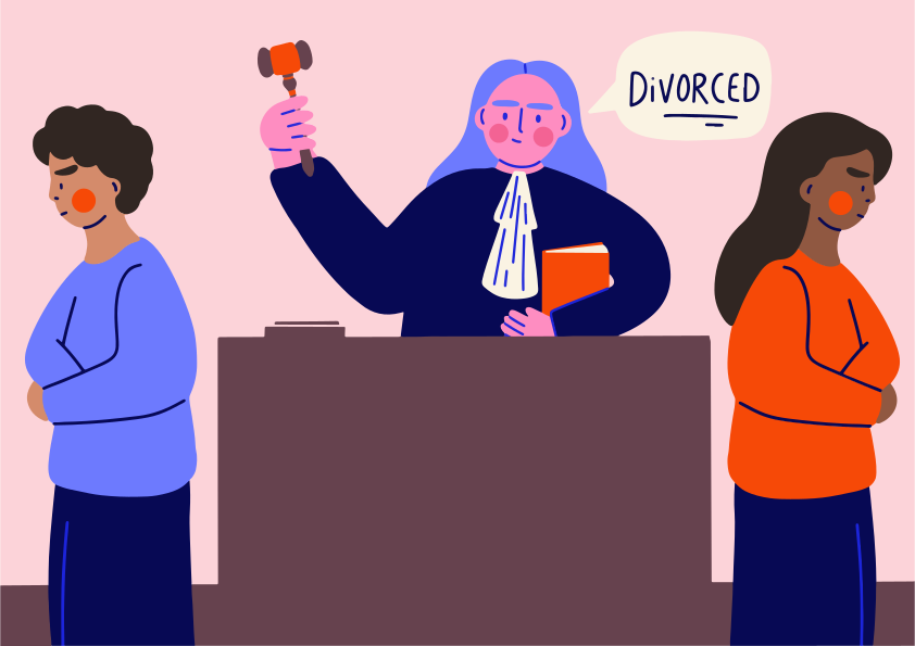 Judge finalizing divorce with gavel and couple apart couple separated couple in courtroom.