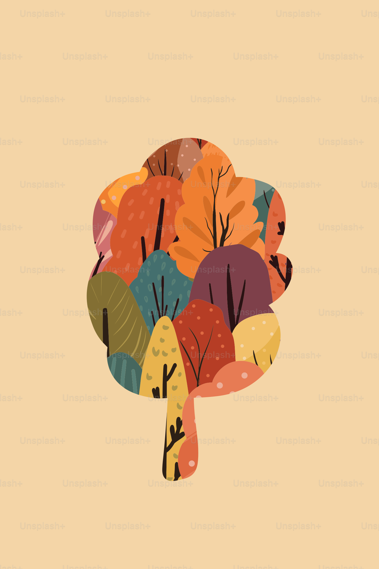 Stylized autumn trees with warm colors on beige background