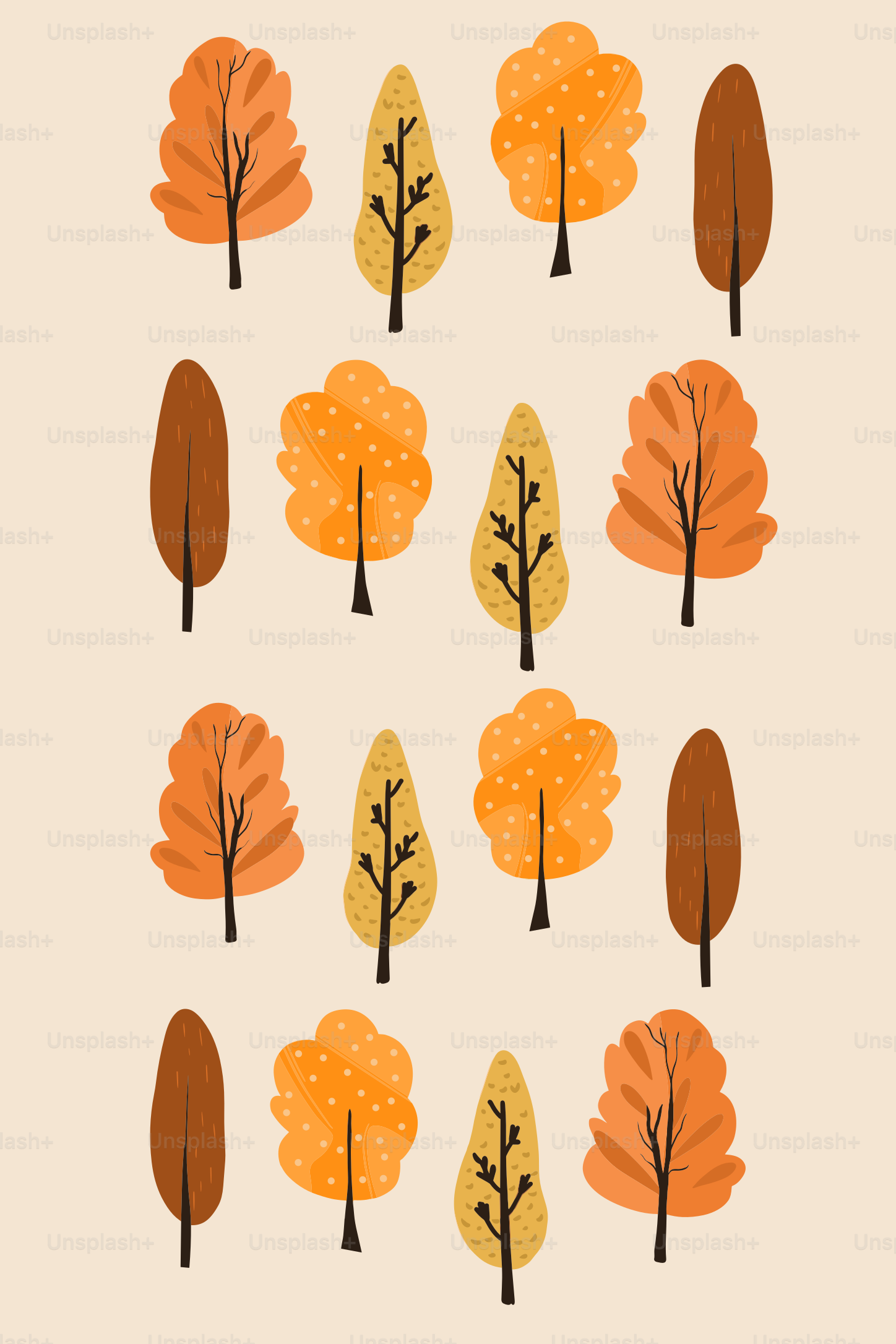 Collection of stylized autumn trees in warm colors
