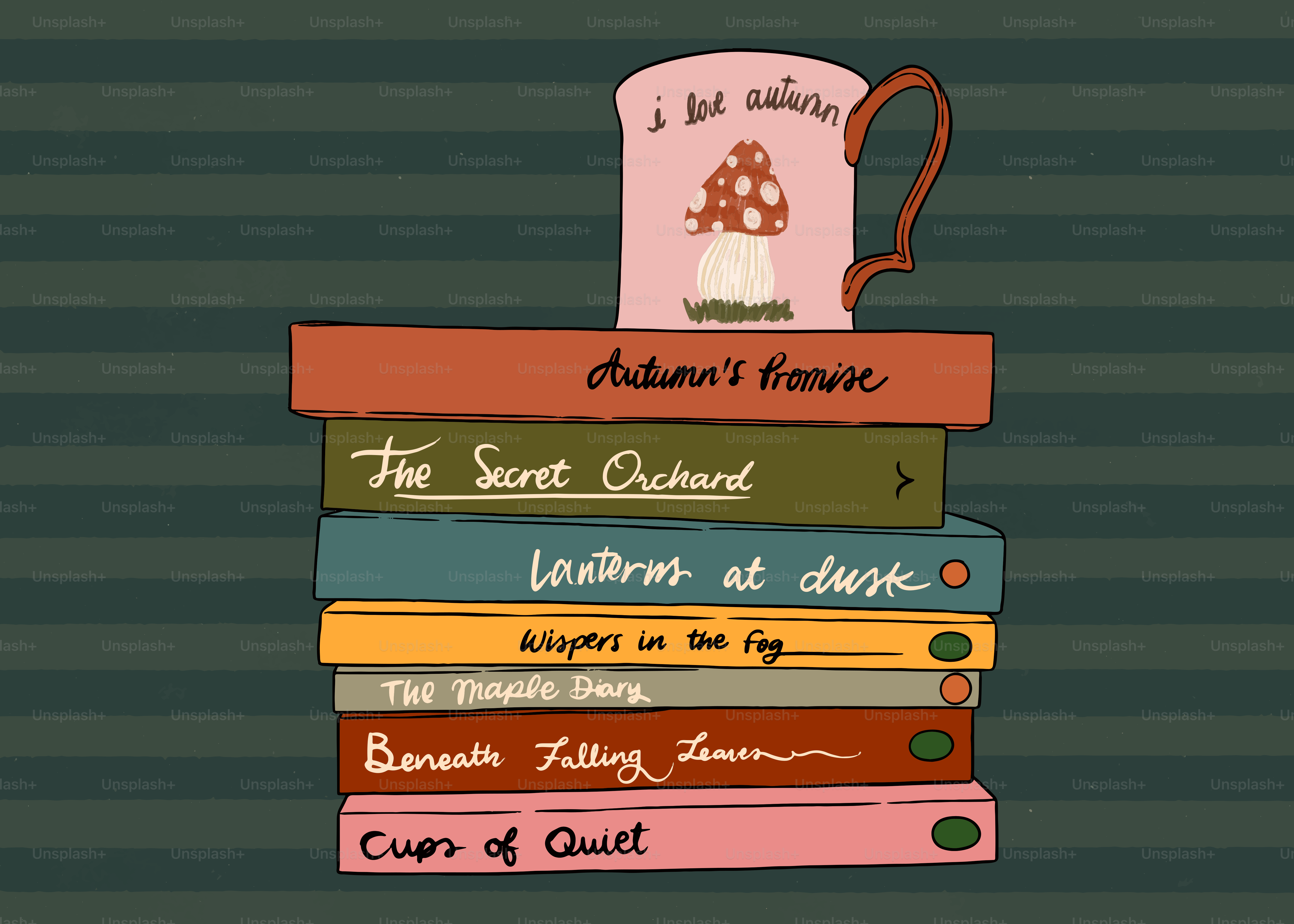 Stack of books with autumn-themed mug on top