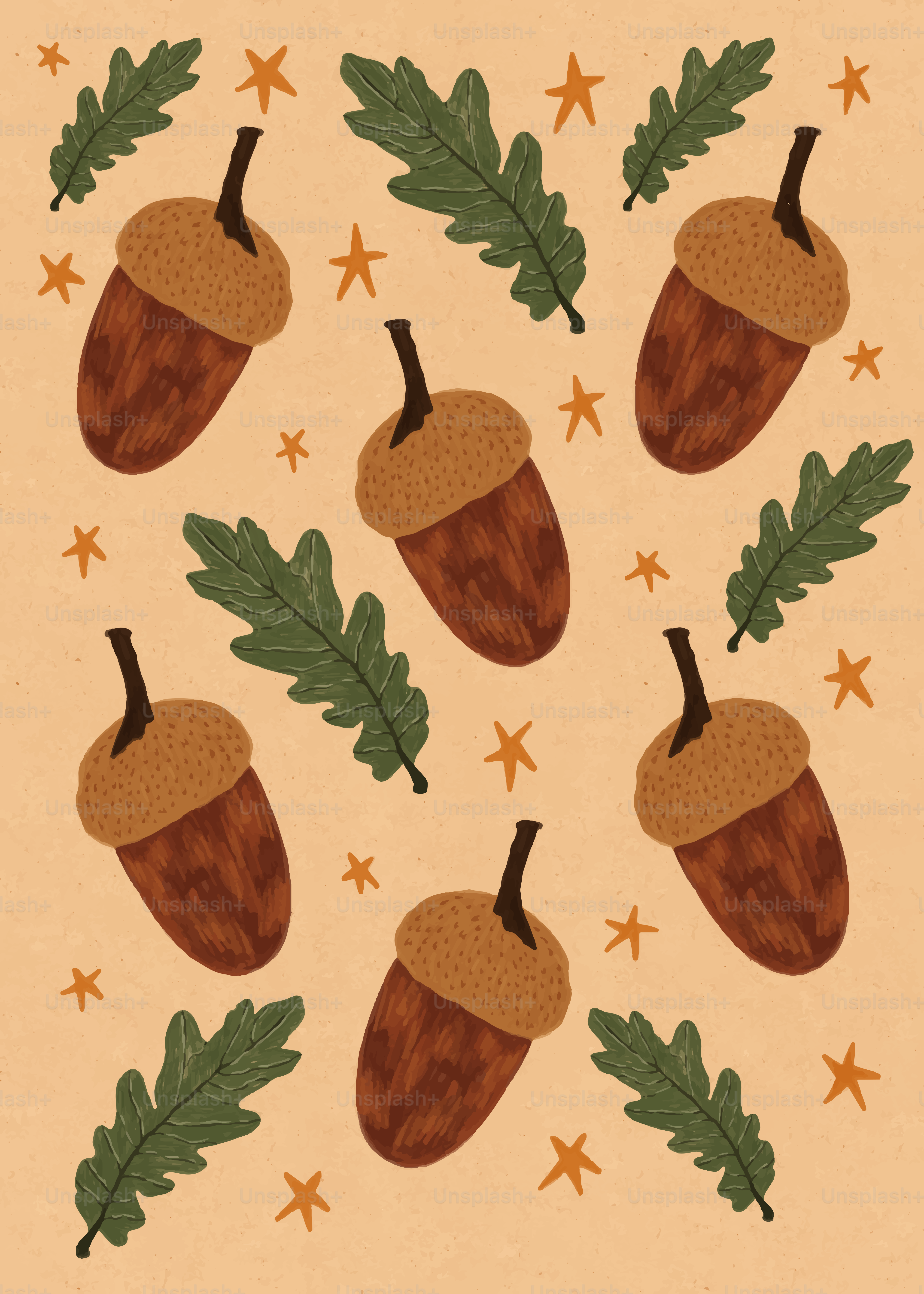Acorns and oak leaves scattered on a light brown background.
