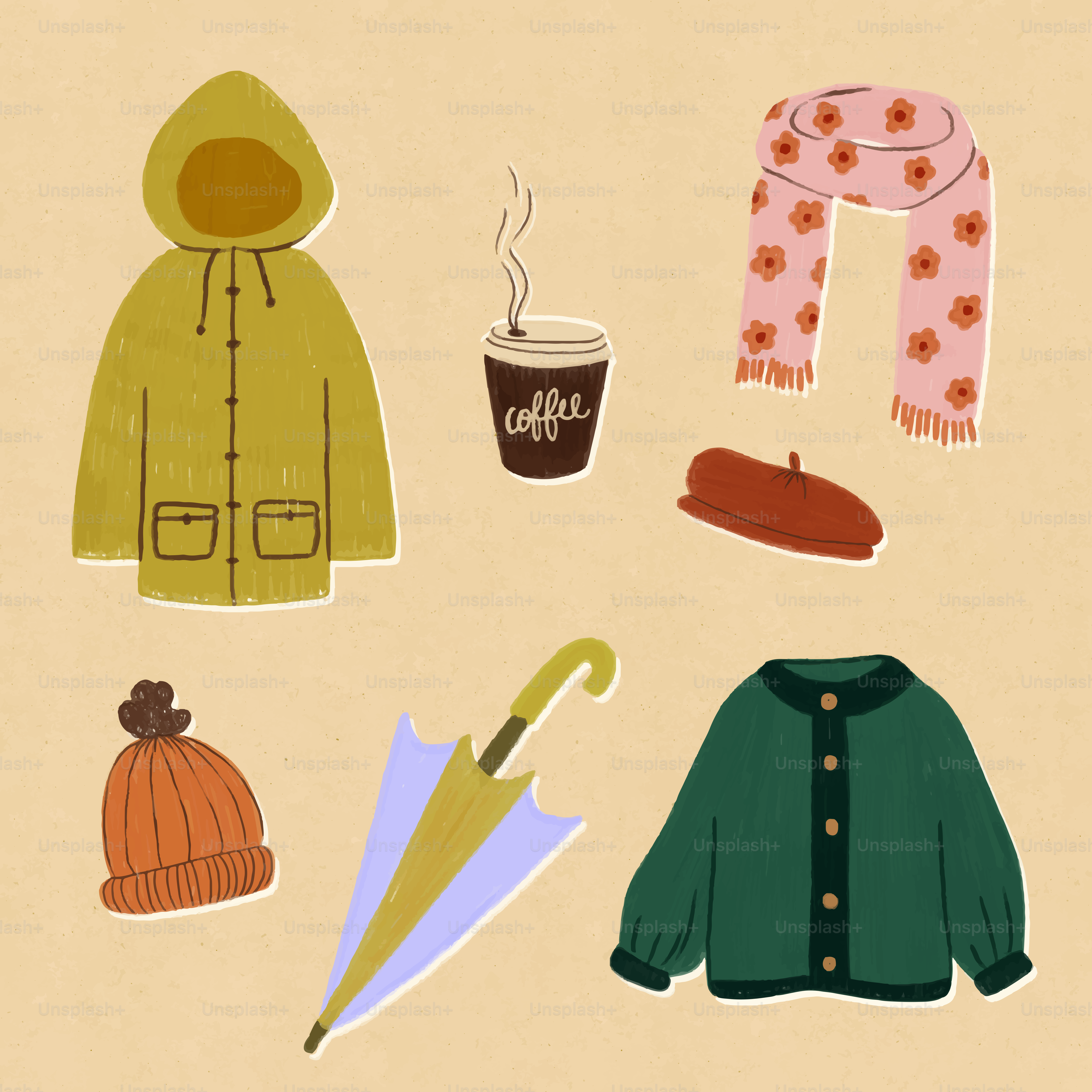 Herbstkleidung und Kaffeetasse auf hellem Hintergrund arrangiert